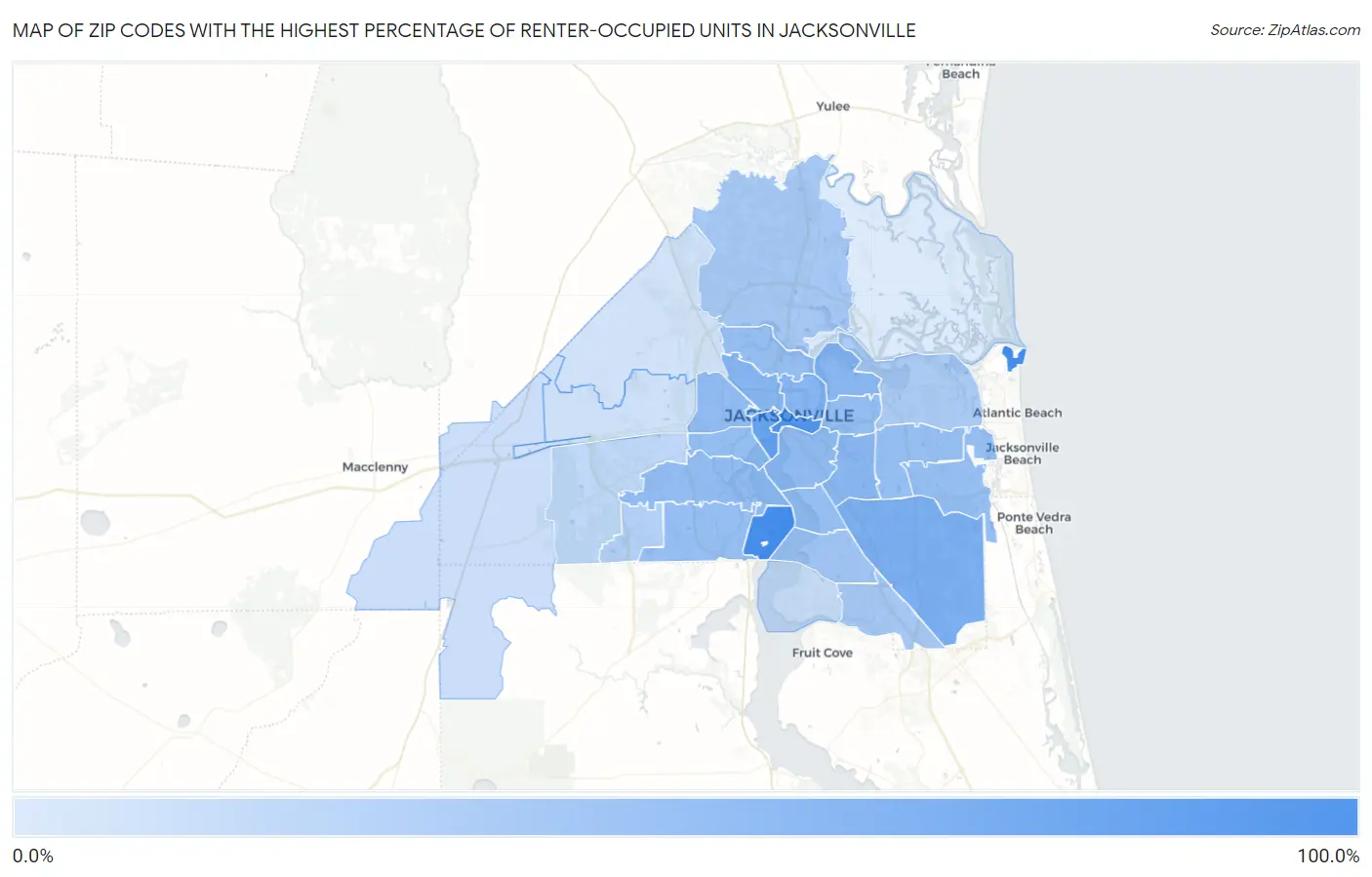 Zip Codes with the Highest Percentage of Renter-Occupied Units in Jacksonville Map