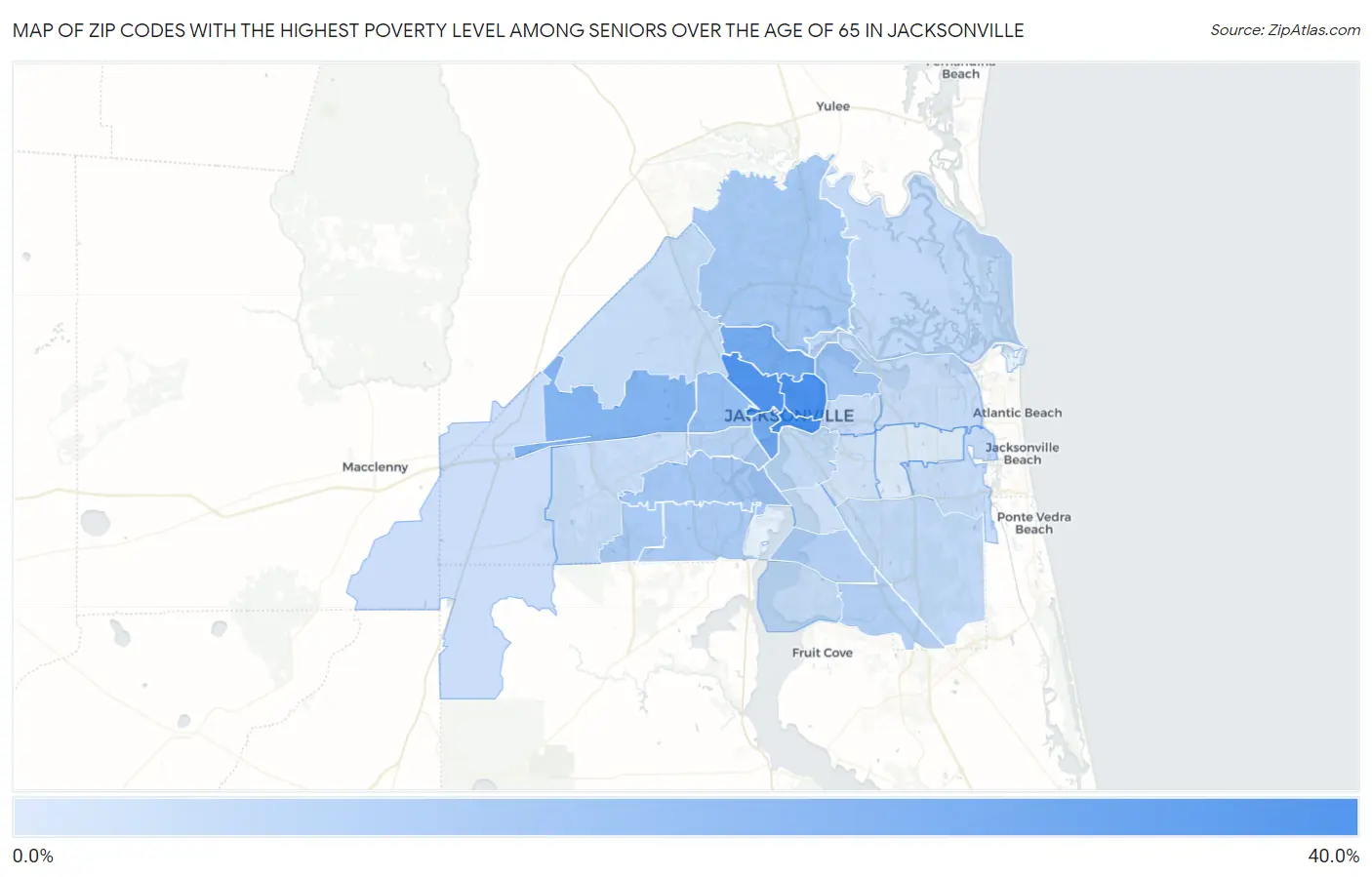 Zip Codes with the Highest Poverty Level Among Seniors Over the Age of 65 in Jacksonville Map