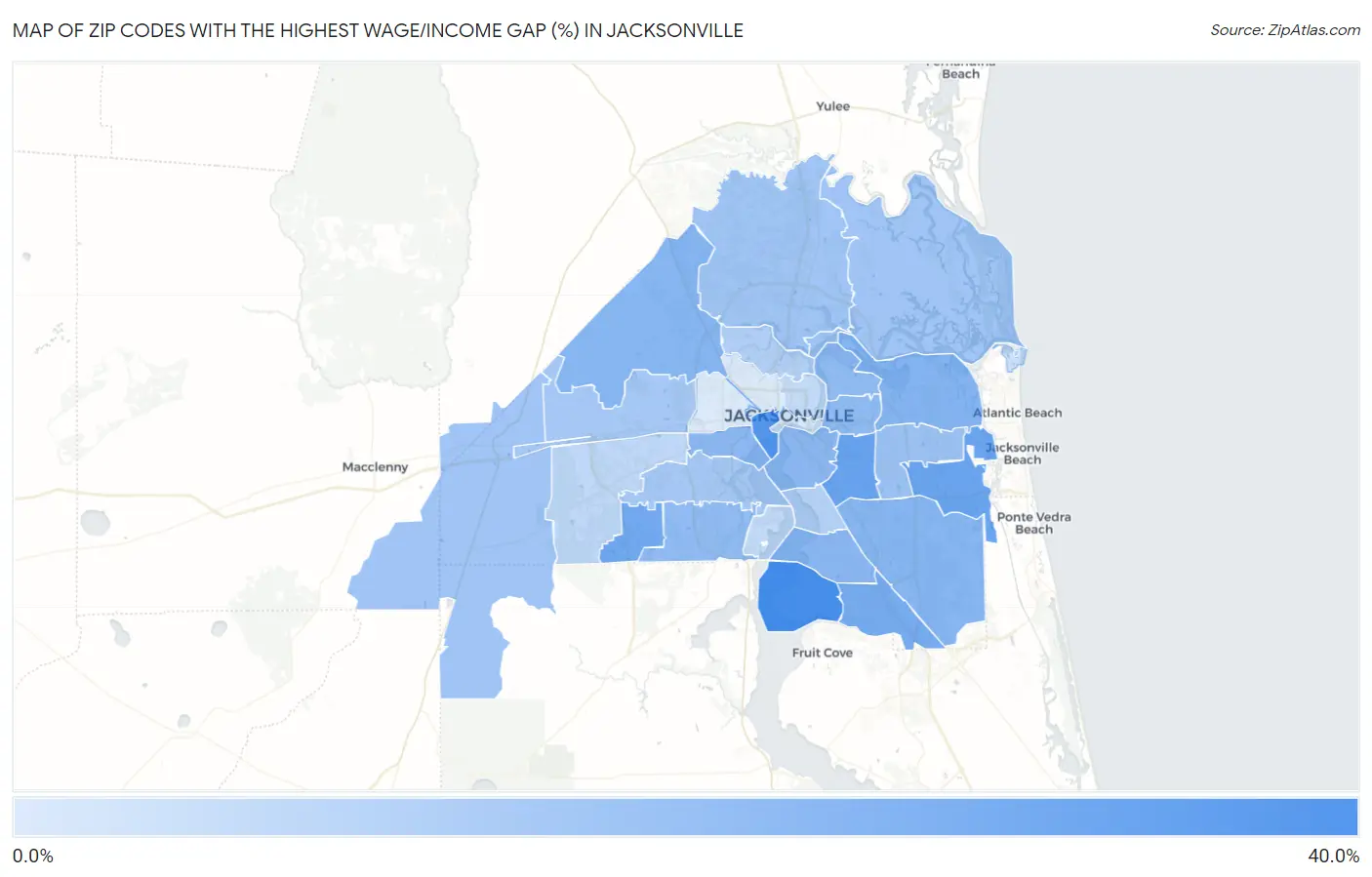 Zip Codes with the Highest Wage/Income Gap (%) in Jacksonville Map