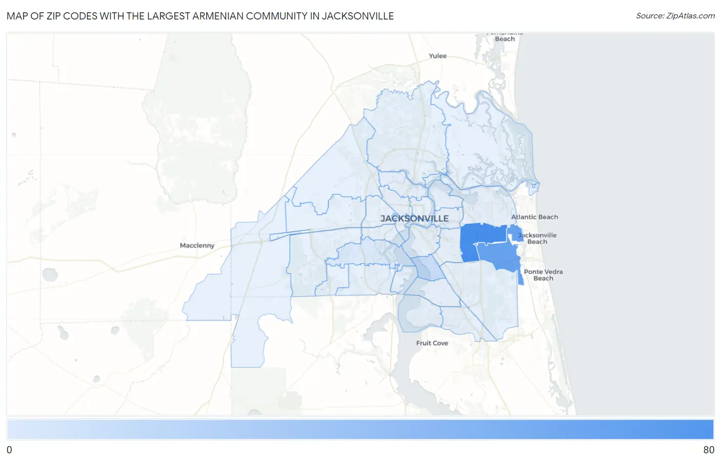 Zip Codes with the Largest Armenian Community in Jacksonville Map