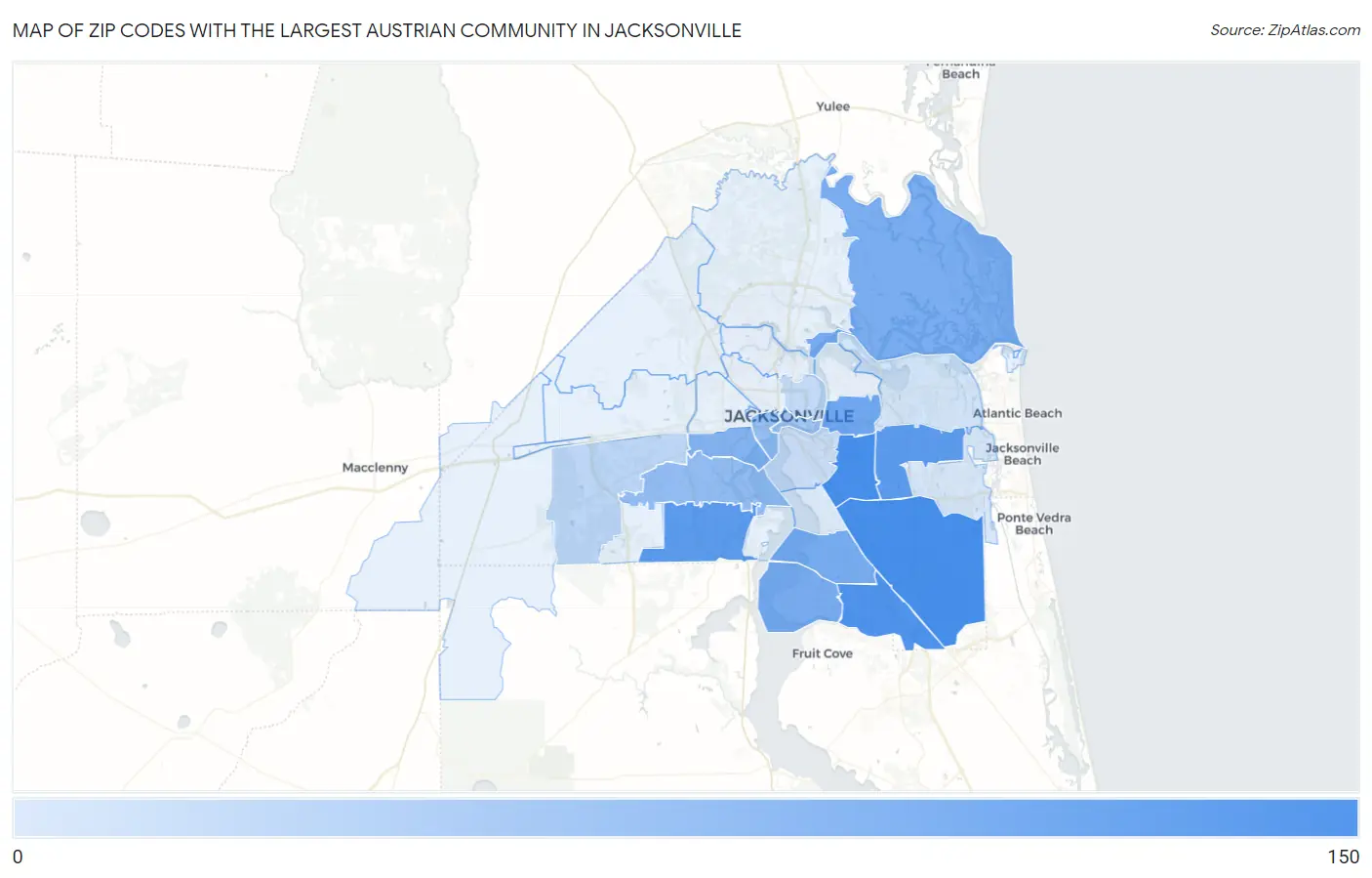 Zip Codes with the Largest Austrian Community in Jacksonville Map