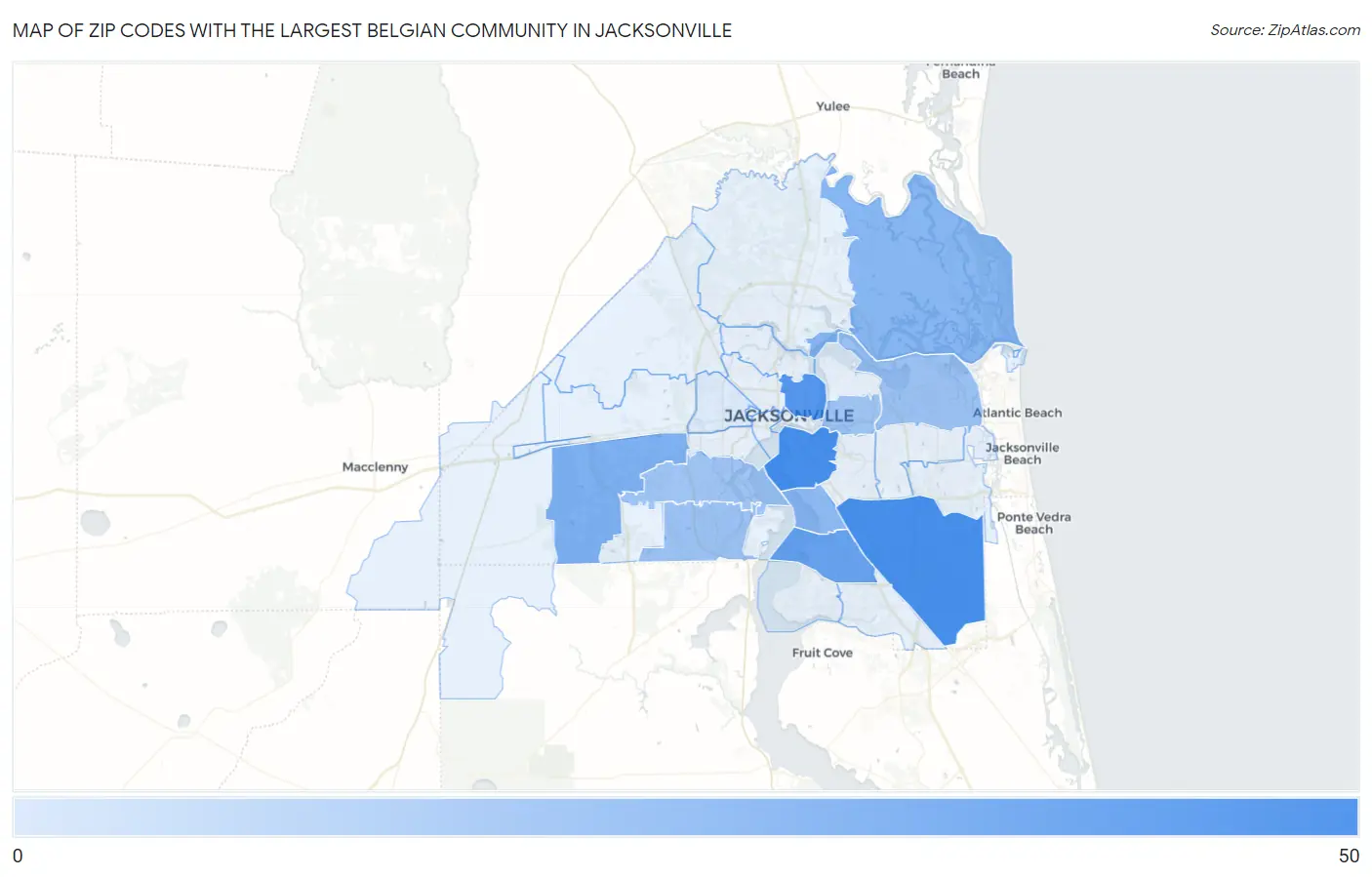 Zip Codes with the Largest Belgian Community in Jacksonville Map