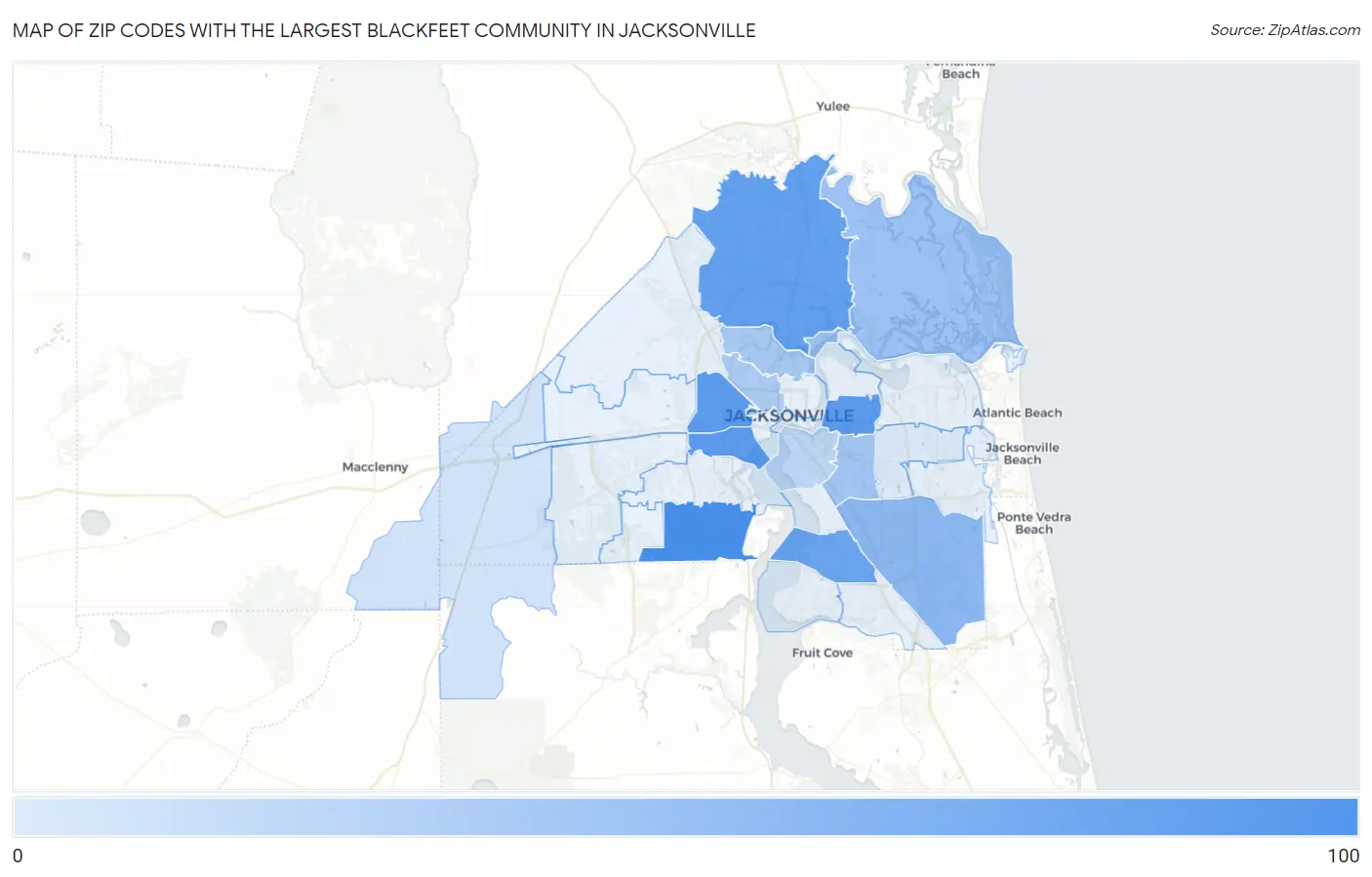 Zip Codes with the Largest Blackfeet Community in Jacksonville Map