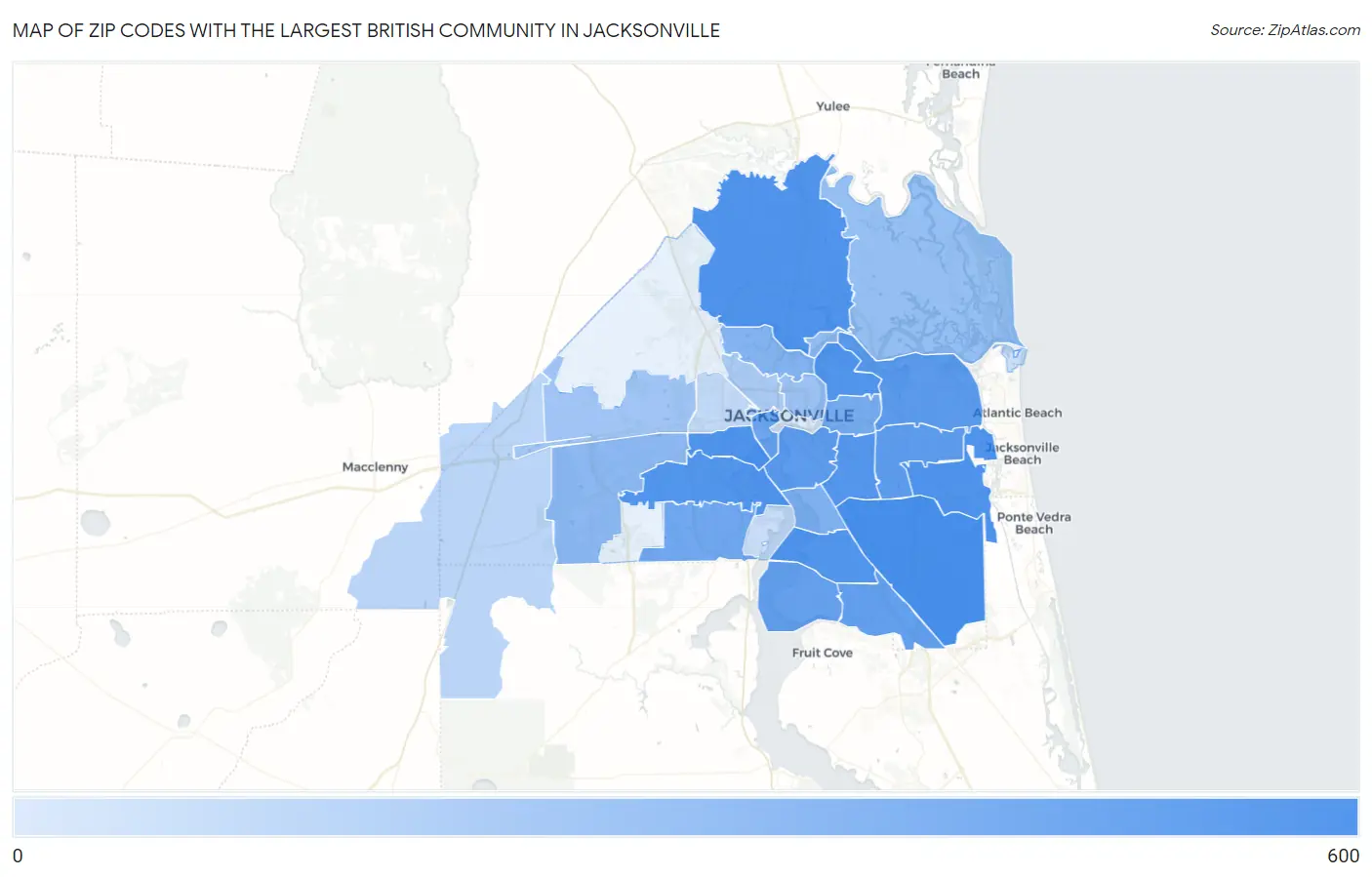 Zip Codes with the Largest British Community in Jacksonville Map