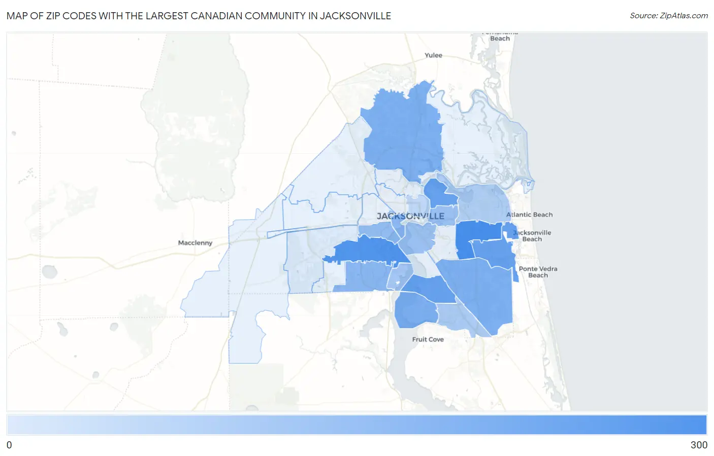 Zip Codes with the Largest Canadian Community in Jacksonville Map