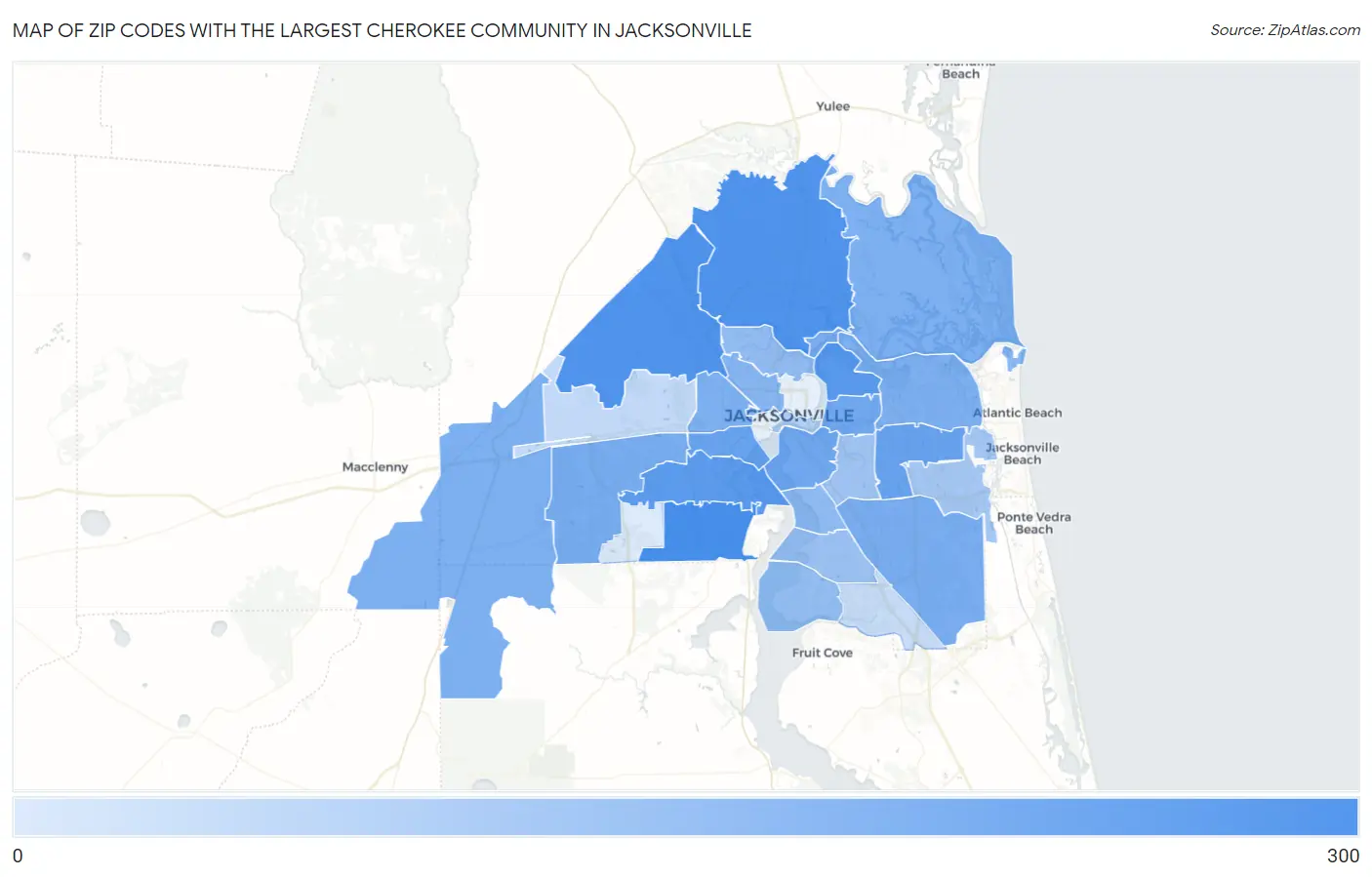 Zip Codes with the Largest Cherokee Community in Jacksonville Map