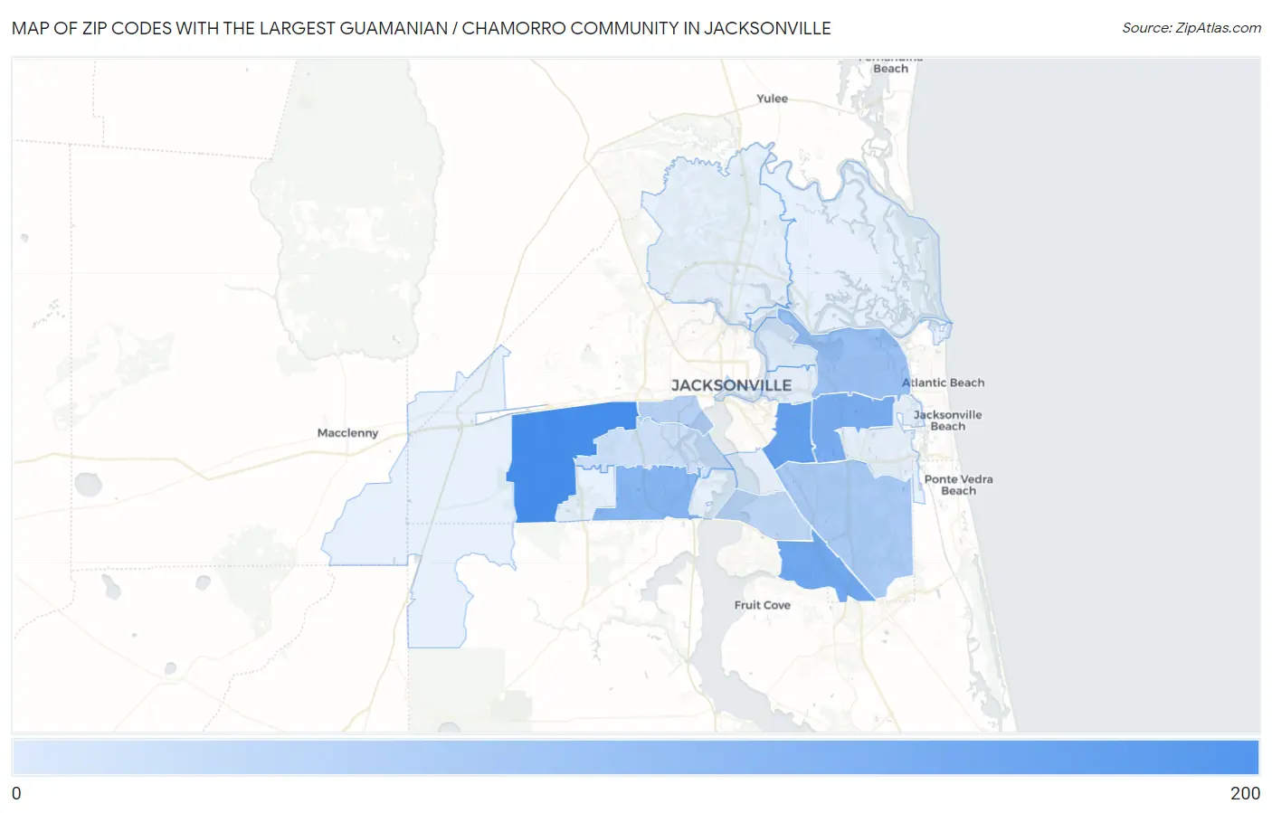 Zip Codes with the Largest Guamanian / Chamorro Community in Jacksonville Map