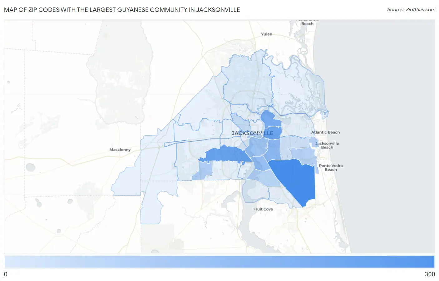 Zip Codes with the Largest Guyanese Community in Jacksonville Map