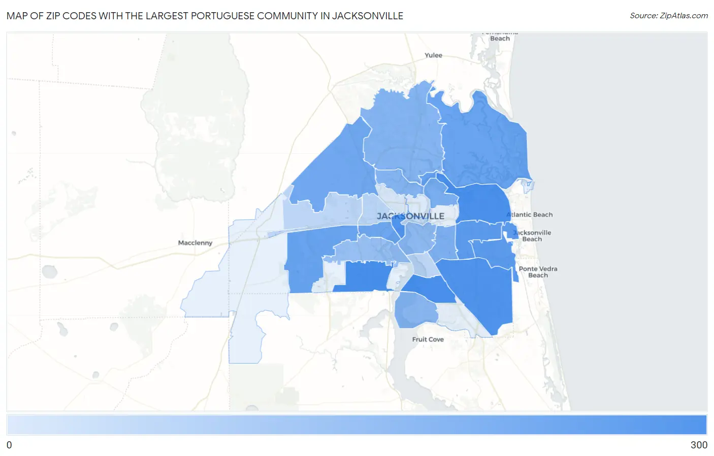 Zip Codes with the Largest Portuguese Community in Jacksonville Map