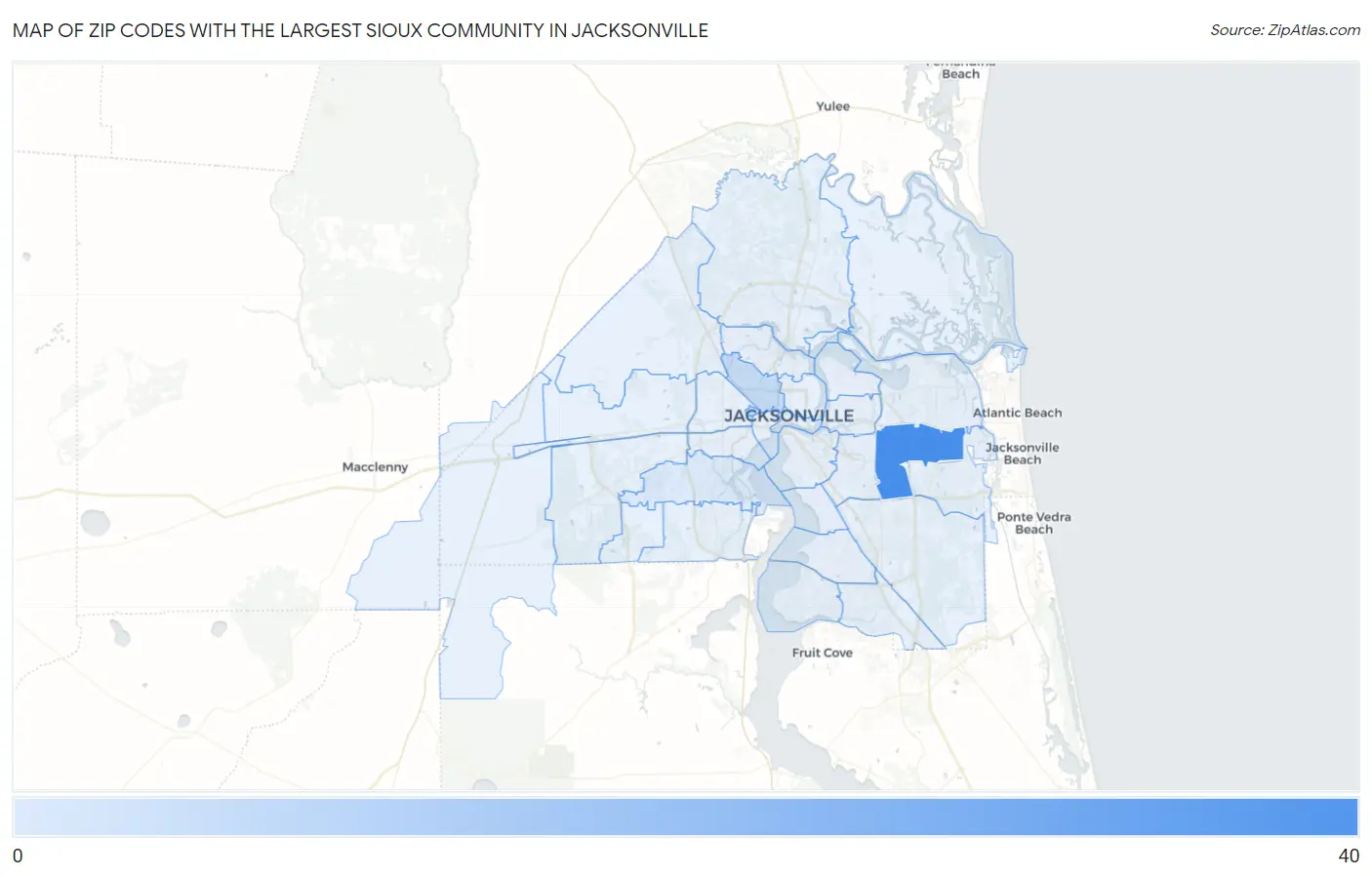 Zip Codes with the Largest Sioux Community in Jacksonville Map