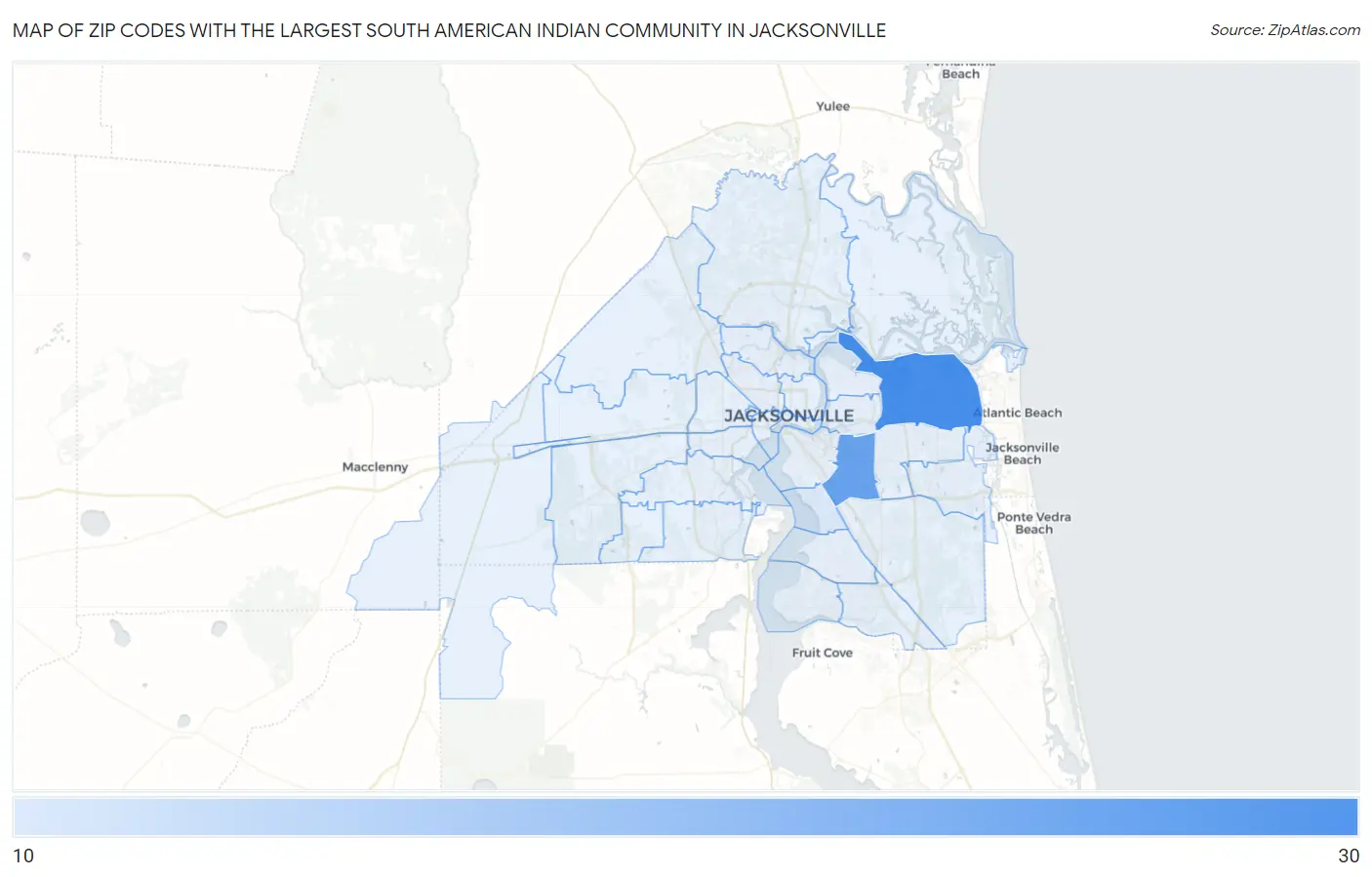 Zip Codes with the Largest South American Indian Community in Jacksonville Map