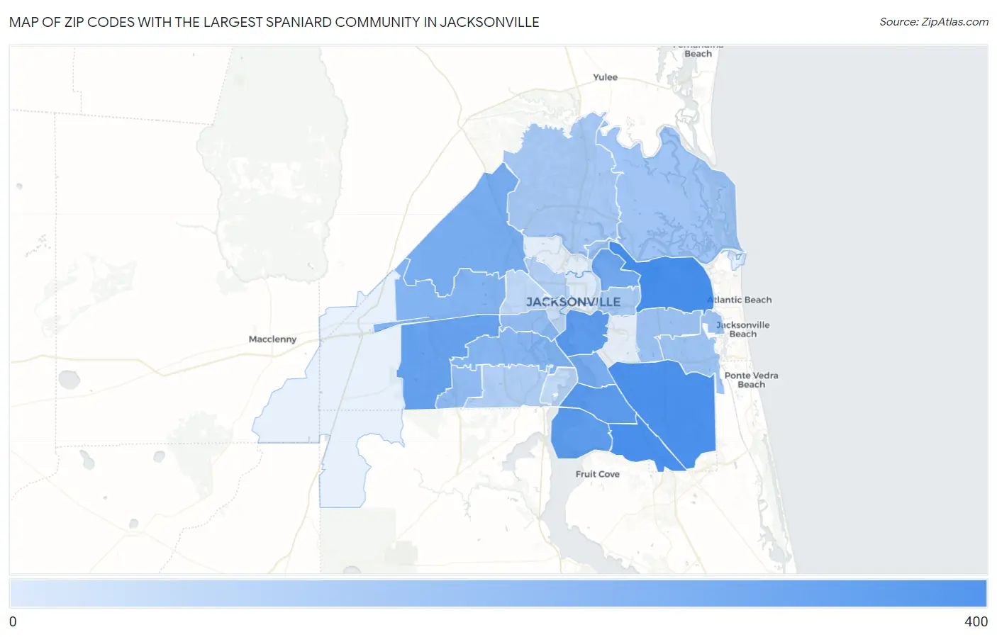 Zip Codes with the Largest Spaniard Community in Jacksonville Map