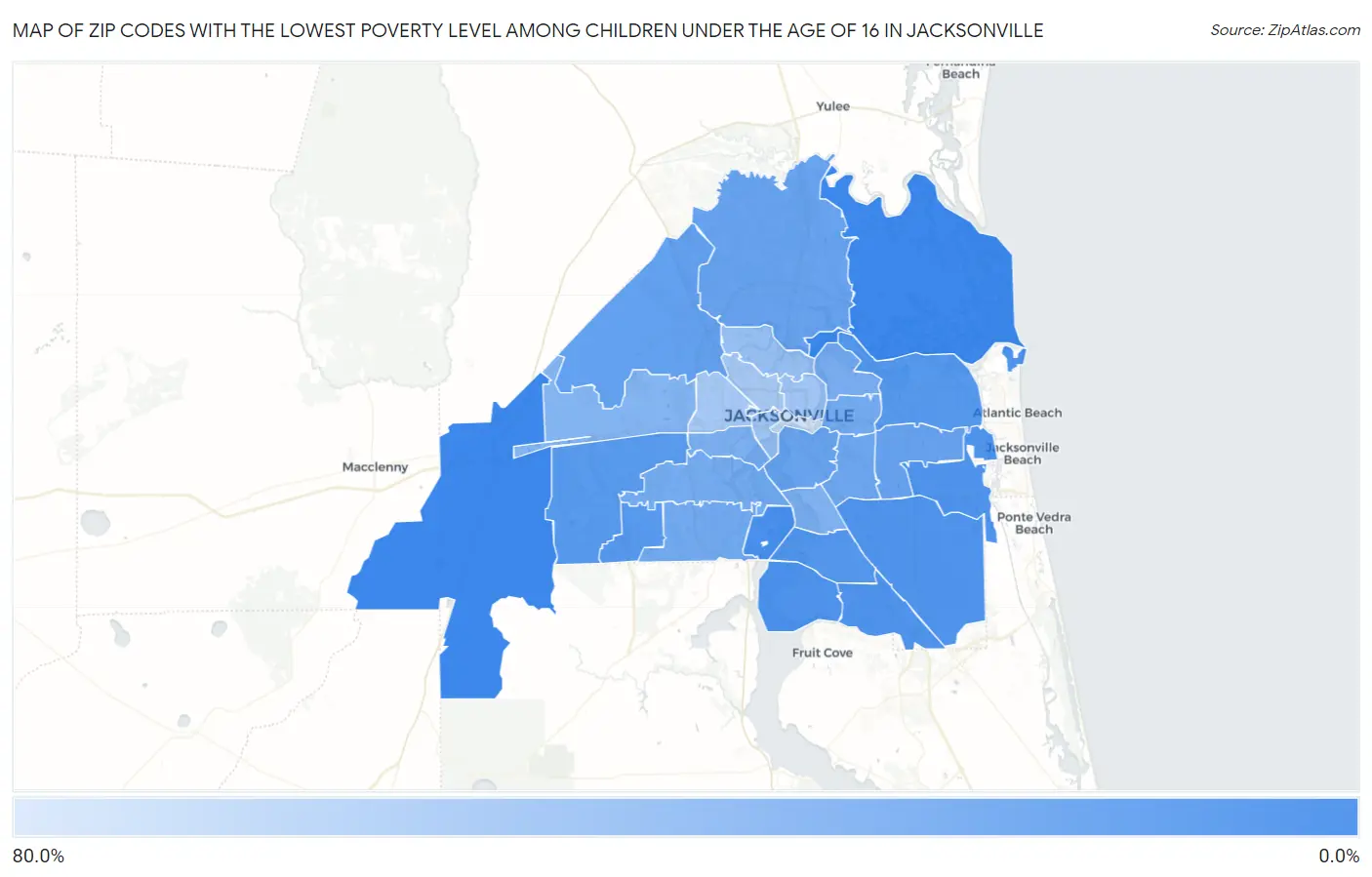 Zip Codes with the Lowest Poverty Level Among Children Under the Age of 16 in Jacksonville Map