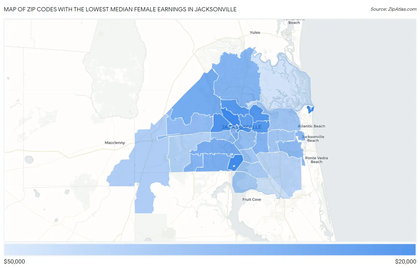 Zip Codes with the Lowest Median Female Earnings in Jacksonville Map
