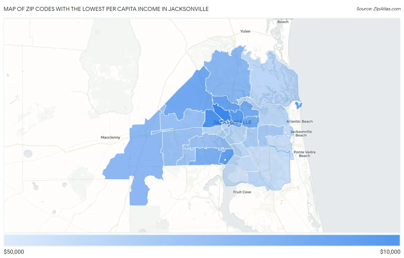 Zip Codes with the Lowest Per Capita Income in Jacksonville Map