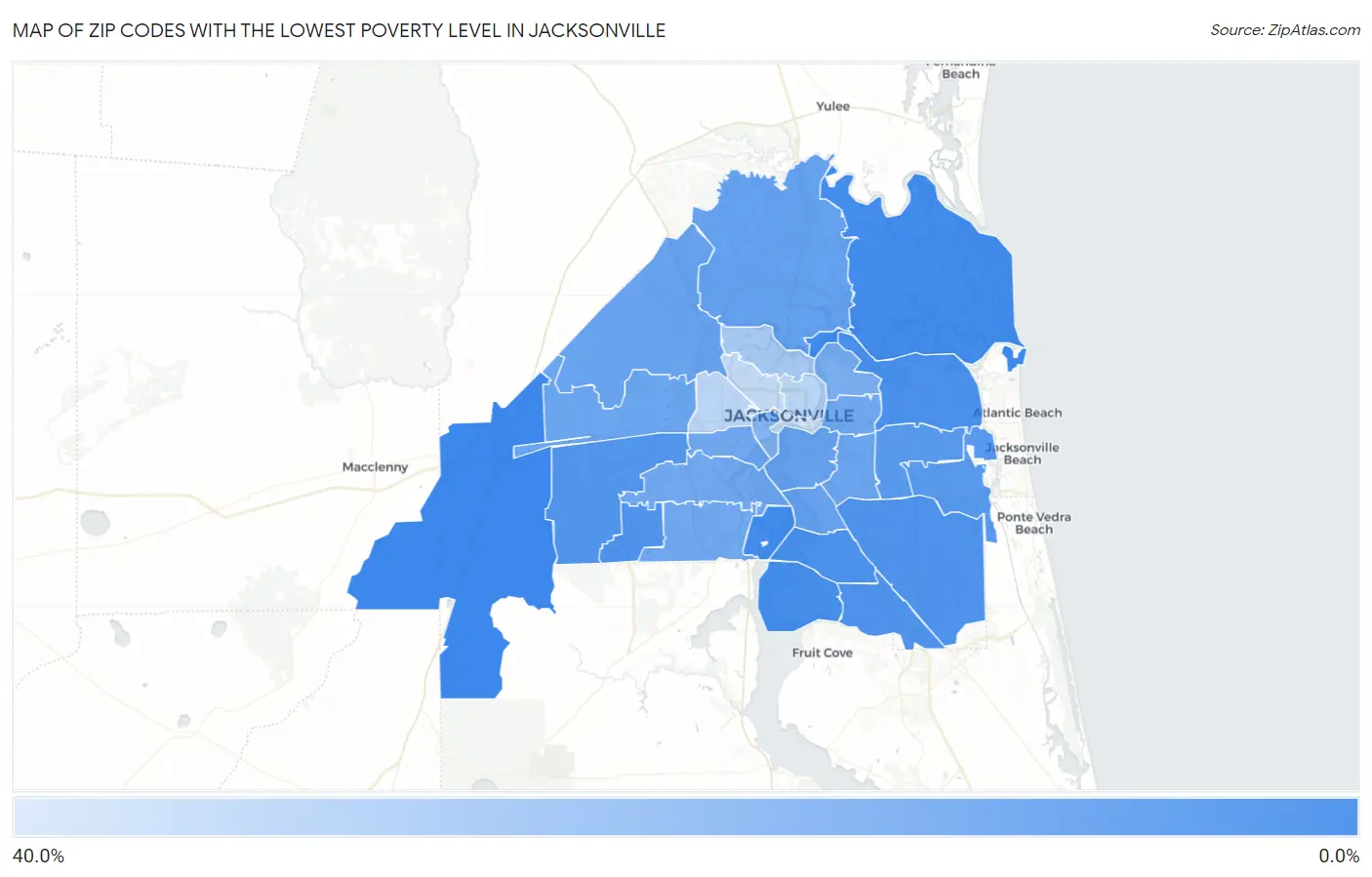 Zip Codes with the Lowest Poverty Level in Jacksonville Map
