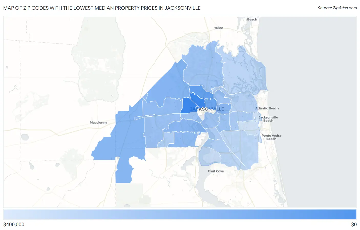 Zip Codes with the Lowest Median Property Prices in Jacksonville Map
