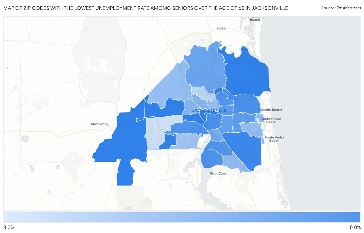 Zip Codes with the Lowest Unemployment Rate Amomg Seniors Over the Age of 65 in Jacksonville Map