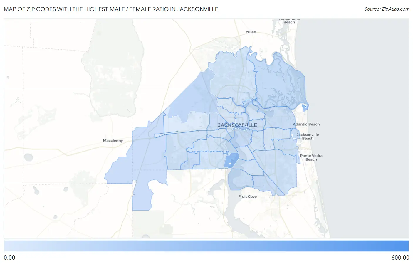 Zip Codes with the Highest Male / Female Ratio in Jacksonville Map