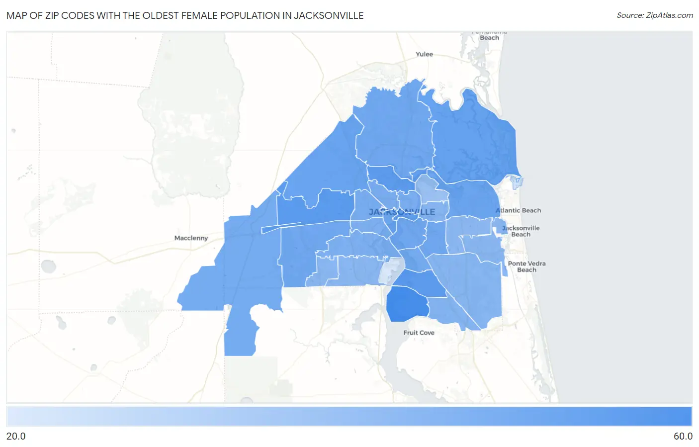 Zip Codes with the Oldest Female Population in Jacksonville Map