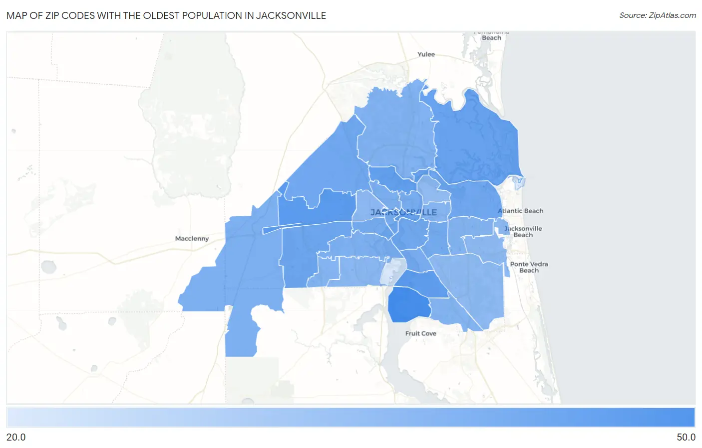 Zip Codes with the Oldest Population in Jacksonville Map