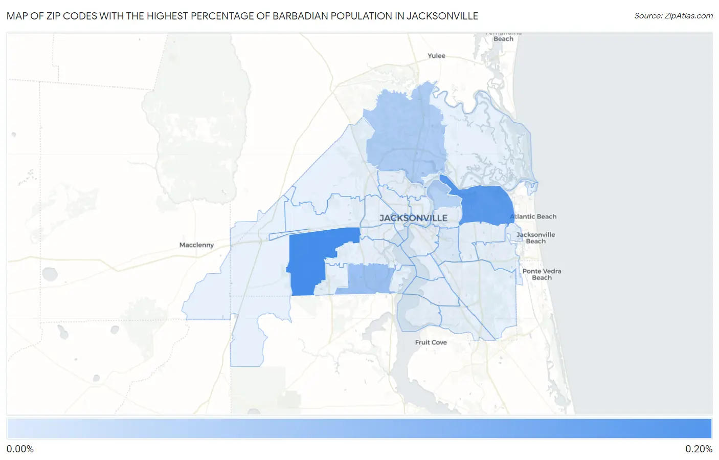 Zip Codes with the Highest Percentage of Barbadian Population in Jacksonville Map