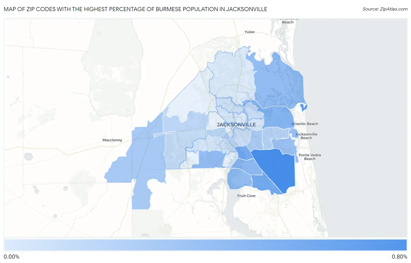 Zip Codes with the Highest Percentage of Burmese Population in Jacksonville Map