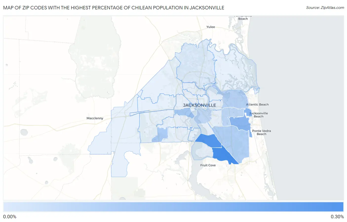 Zip Codes with the Highest Percentage of Chilean Population in Jacksonville Map