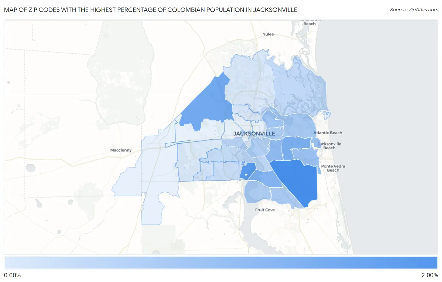 Zip Codes with the Highest Percentage of Colombian Population in Jacksonville Map