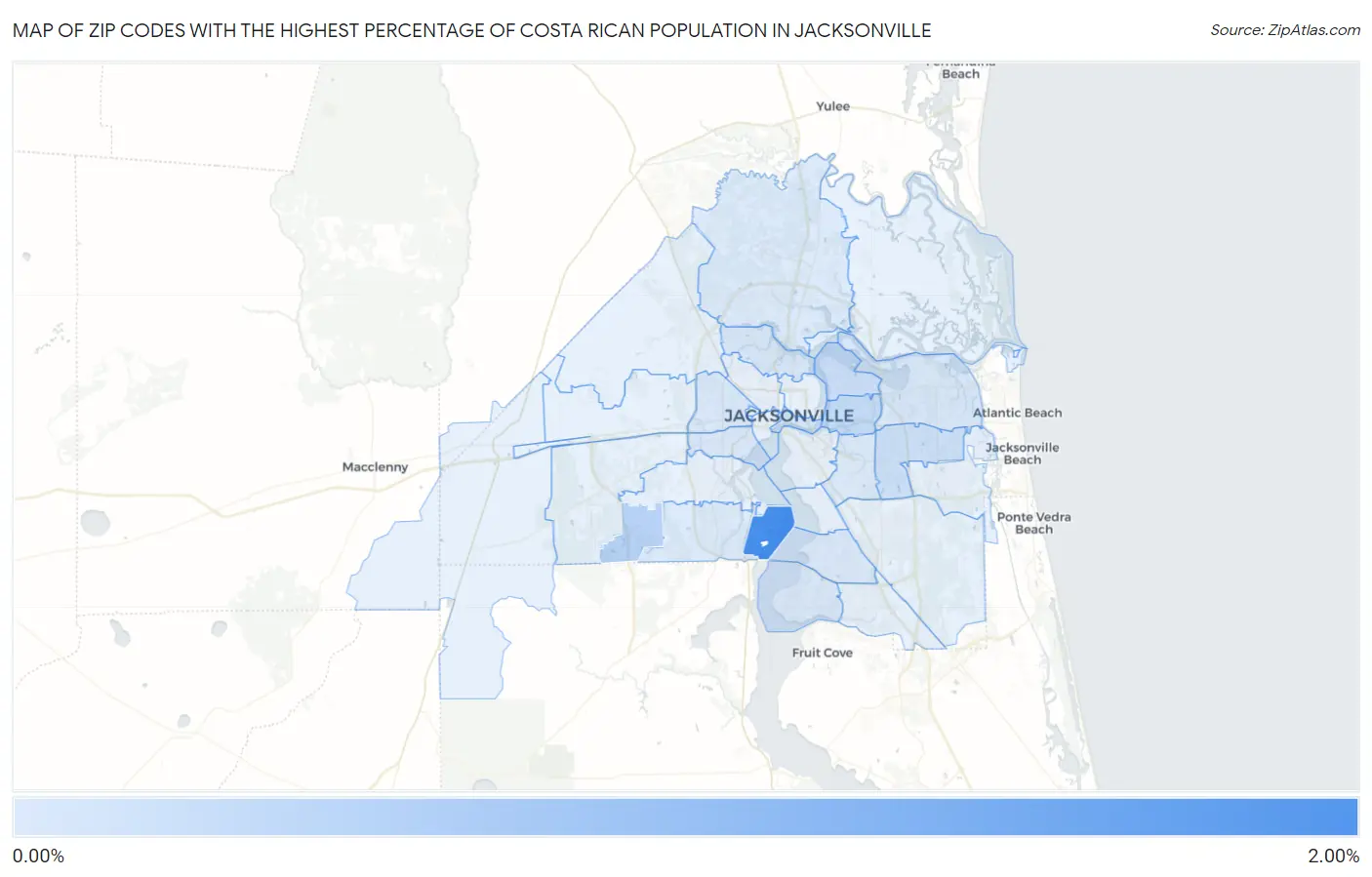 Zip Codes with the Highest Percentage of Costa Rican Population in Jacksonville Map
