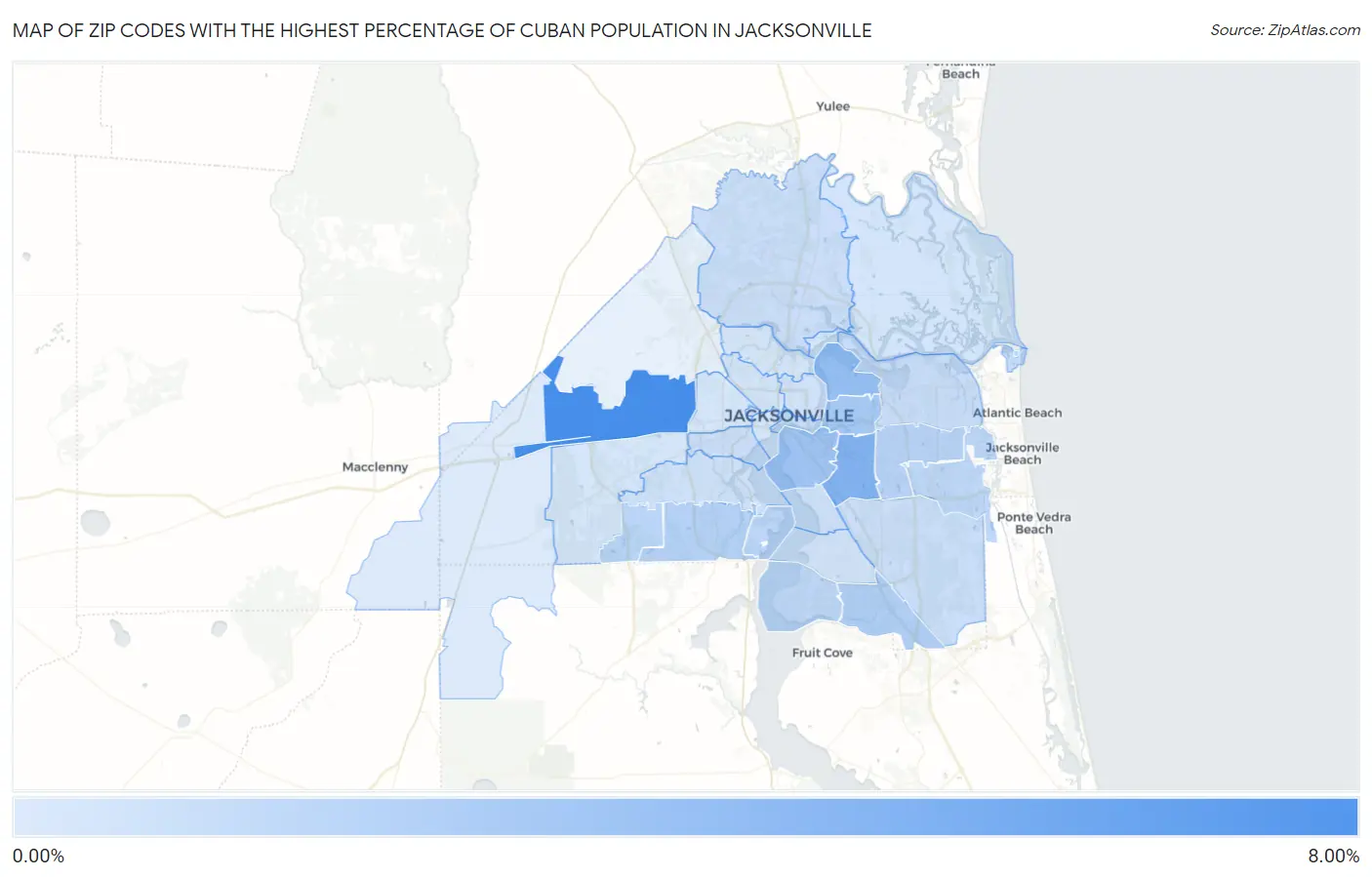 Zip Codes with the Highest Percentage of Cuban Population in Jacksonville Map