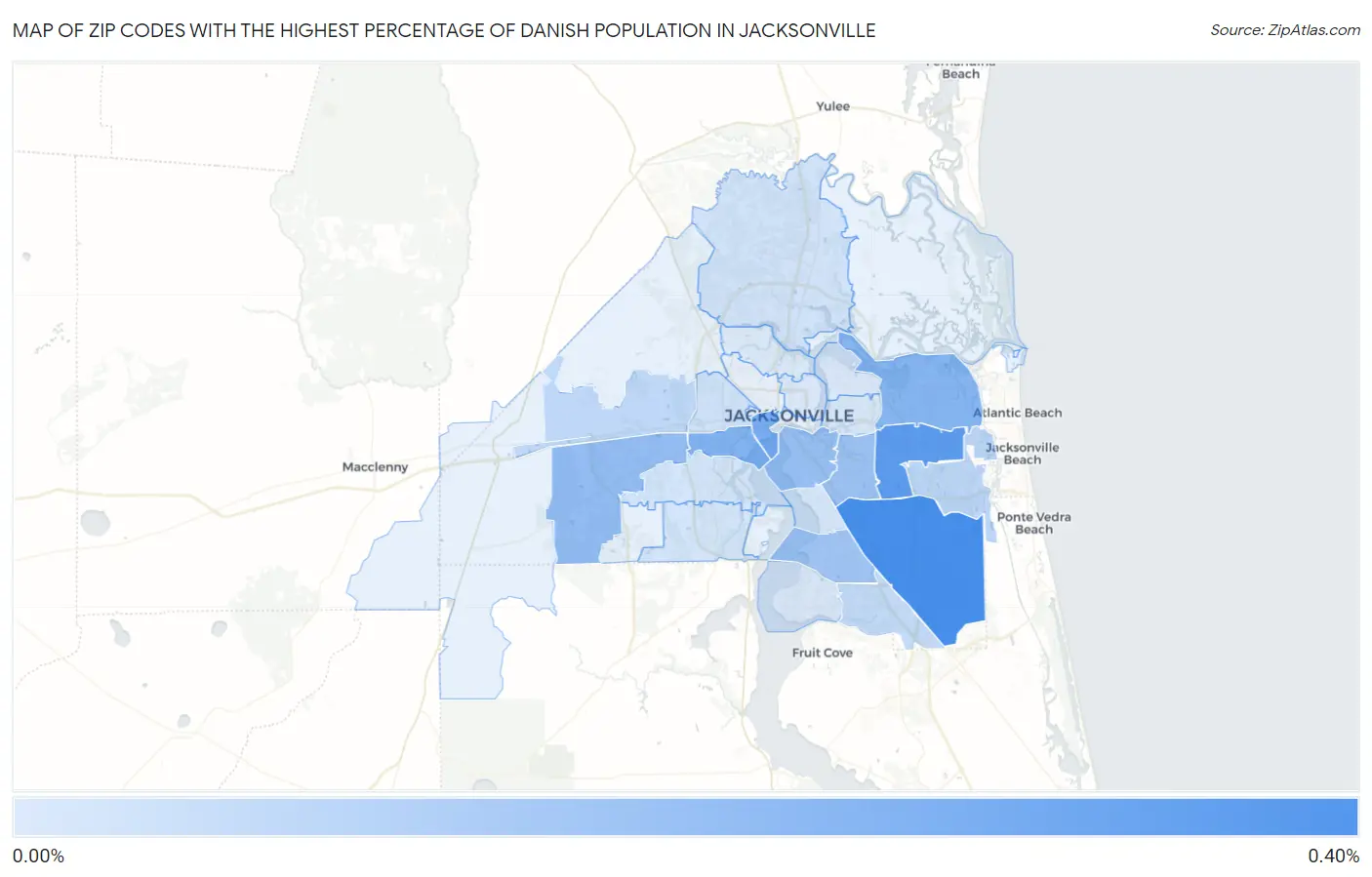 Zip Codes with the Highest Percentage of Danish Population in Jacksonville Map