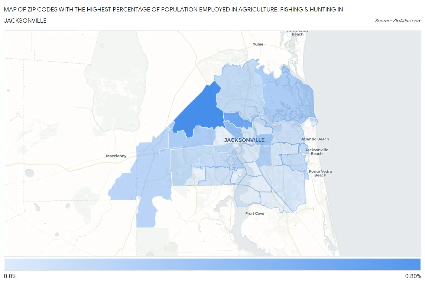 Zip Codes with the Highest Percentage of Population Employed in Agriculture, Fishing & Hunting in Jacksonville Map