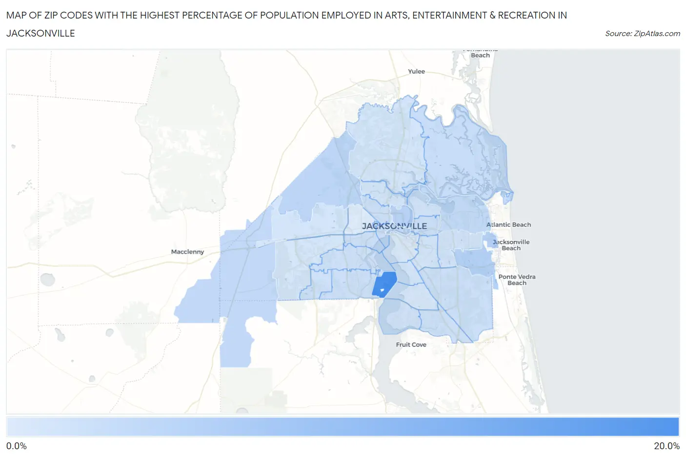 Zip Codes with the Highest Percentage of Population Employed in Arts, Entertainment & Recreation in Jacksonville Map