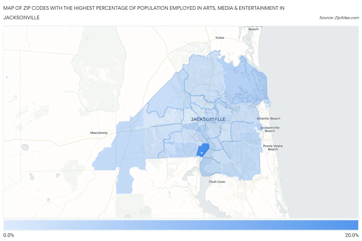 Zip Codes with the Highest Percentage of Population Employed in Arts, Media & Entertainment in Jacksonville Map