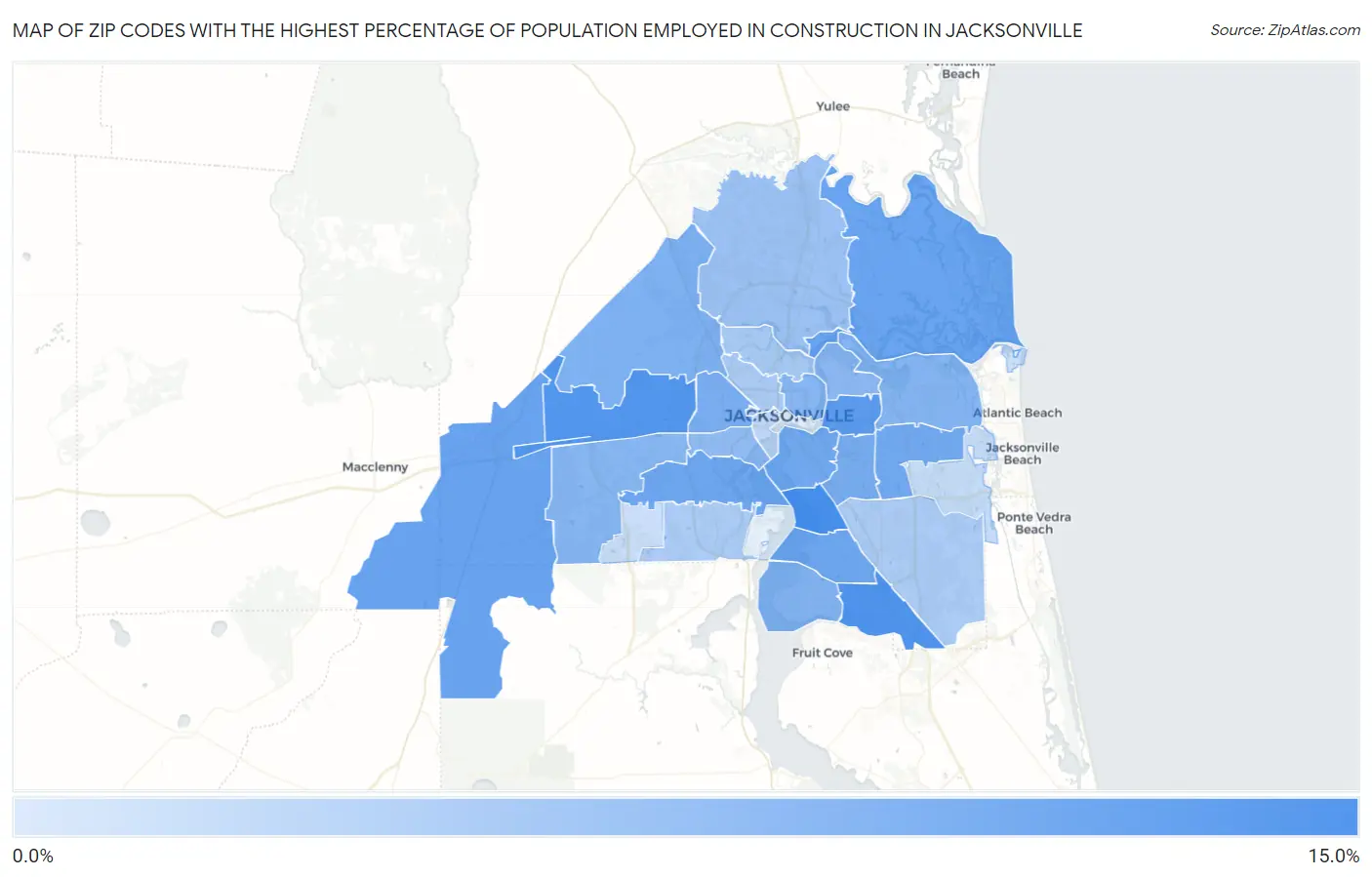 Zip Codes with the Highest Percentage of Population Employed in Construction in Jacksonville Map