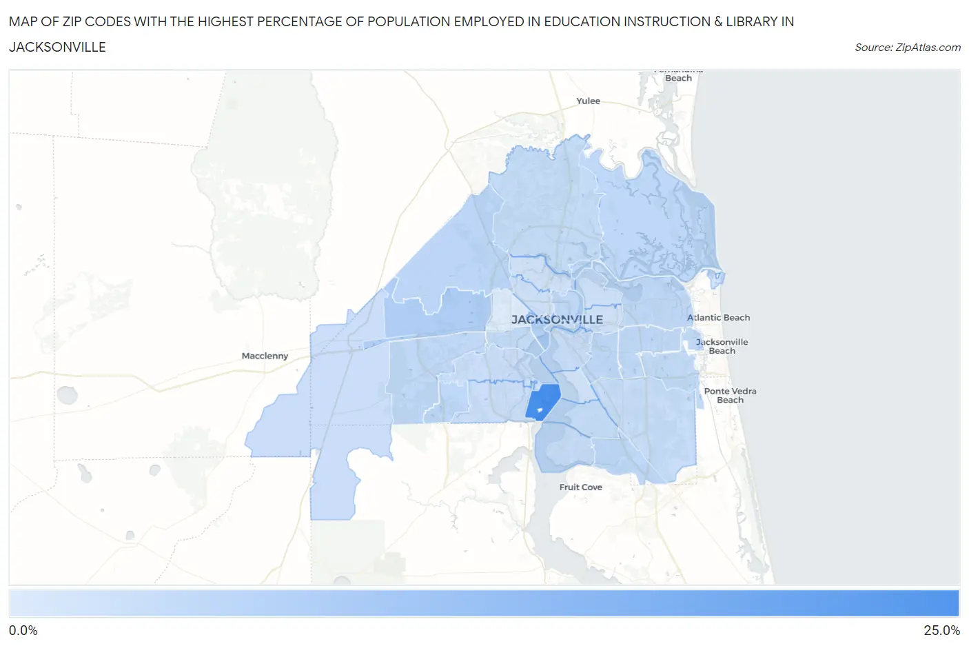 Zip Codes with the Highest Percentage of Population Employed in Education Instruction & Library in Jacksonville Map