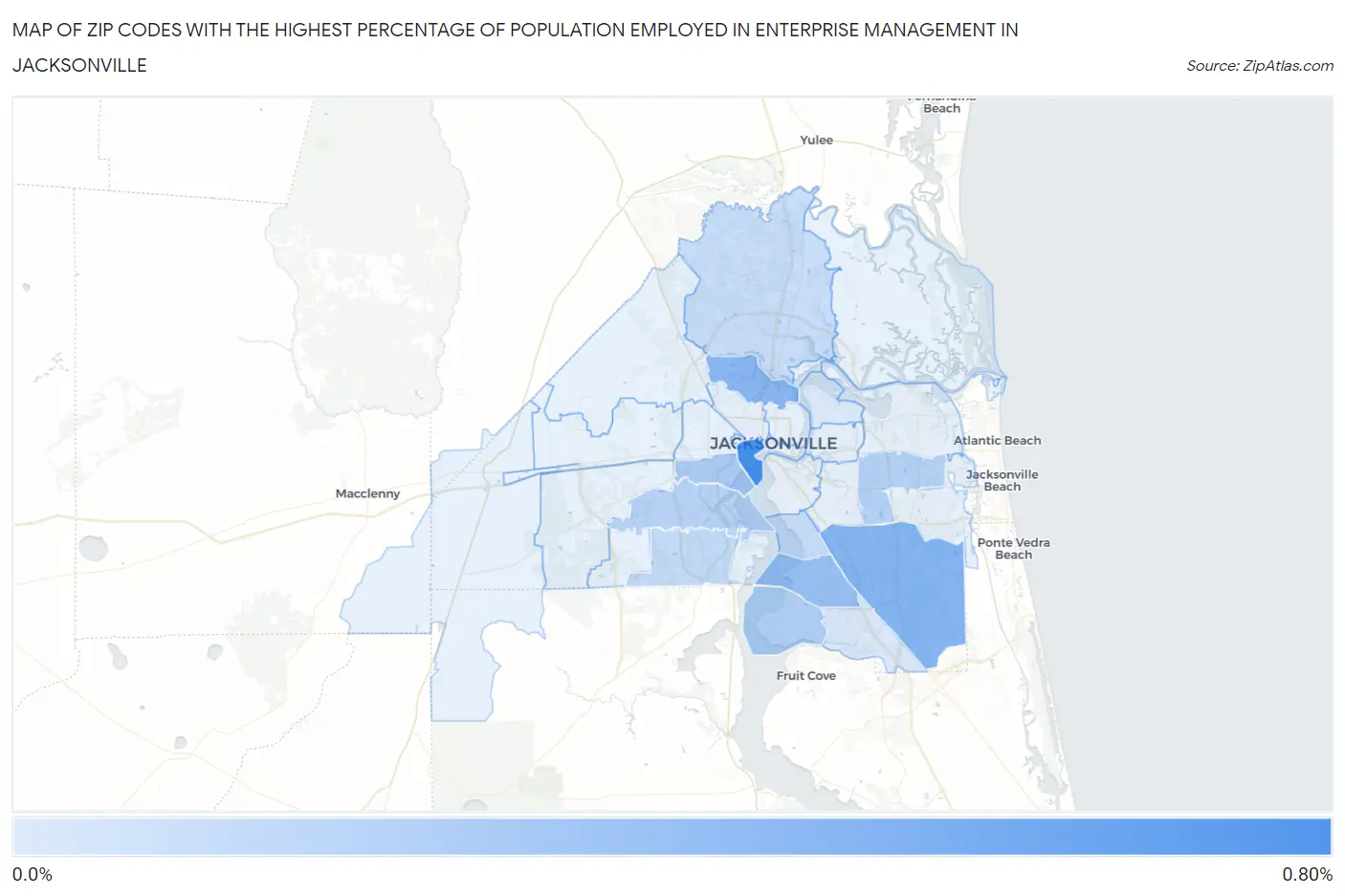 Zip Codes with the Highest Percentage of Population Employed in Enterprise Management in Jacksonville Map