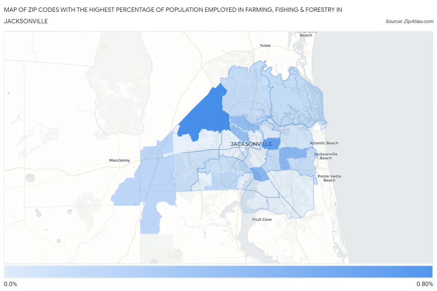 Zip Codes with the Highest Percentage of Population Employed in Farming, Fishing & Forestry in Jacksonville Map