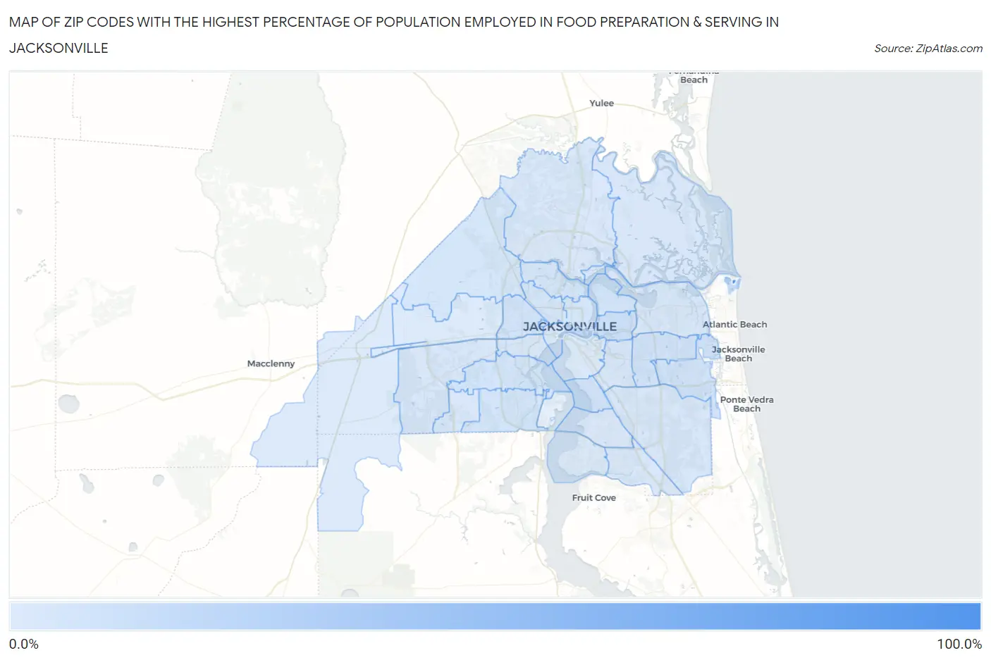 Zip Codes with the Highest Percentage of Population Employed in Food Preparation & Serving in Jacksonville Map