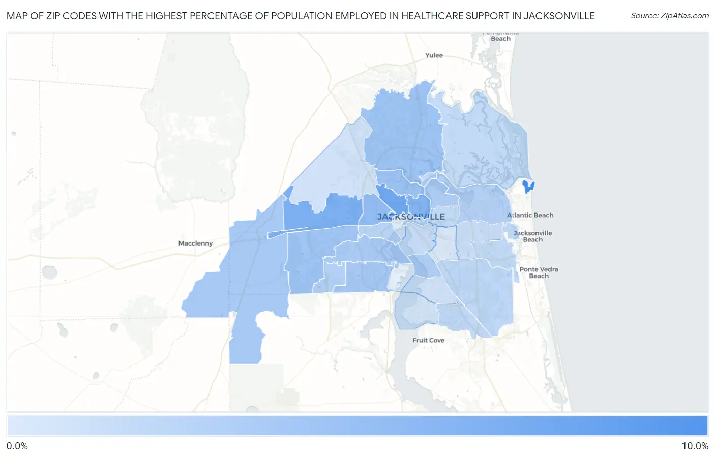 Zip Codes with the Highest Percentage of Population Employed in Healthcare Support in Jacksonville Map