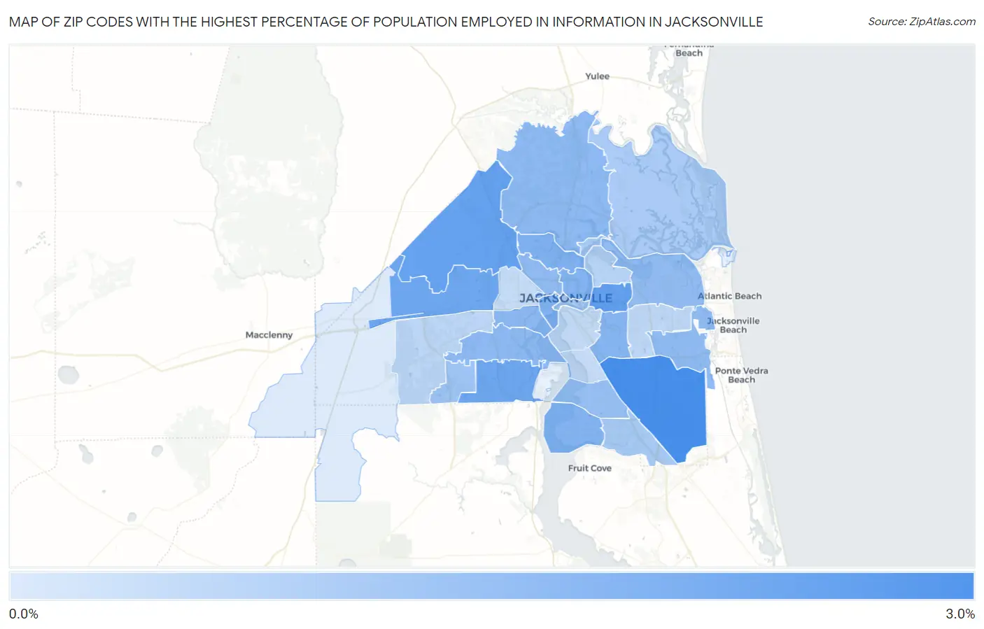 Zip Codes with the Highest Percentage of Population Employed in Information in Jacksonville Map