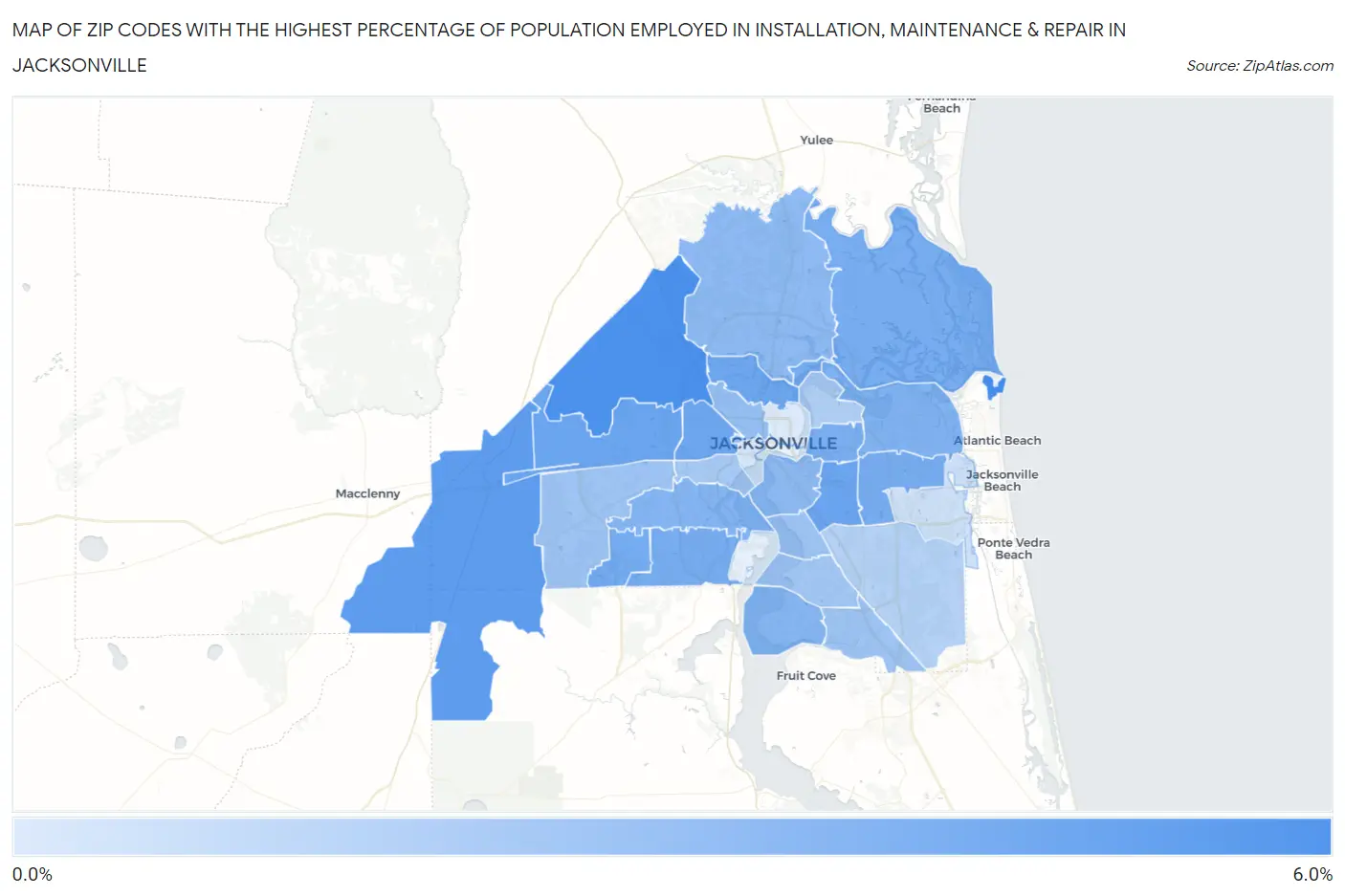 Zip Codes with the Highest Percentage of Population Employed in Installation, Maintenance & Repair in Jacksonville Map