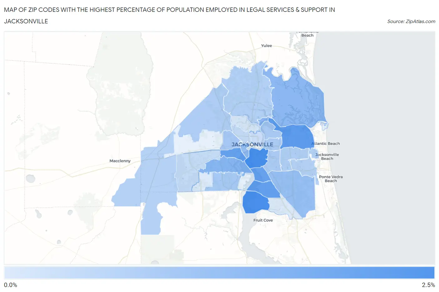 Zip Codes with the Highest Percentage of Population Employed in Legal Services & Support in Jacksonville Map
