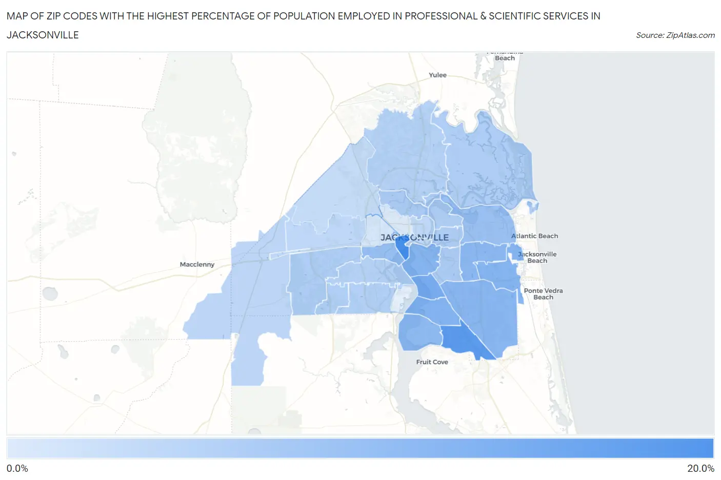 Zip Codes with the Highest Percentage of Population Employed in Professional & Scientific Services in Jacksonville Map