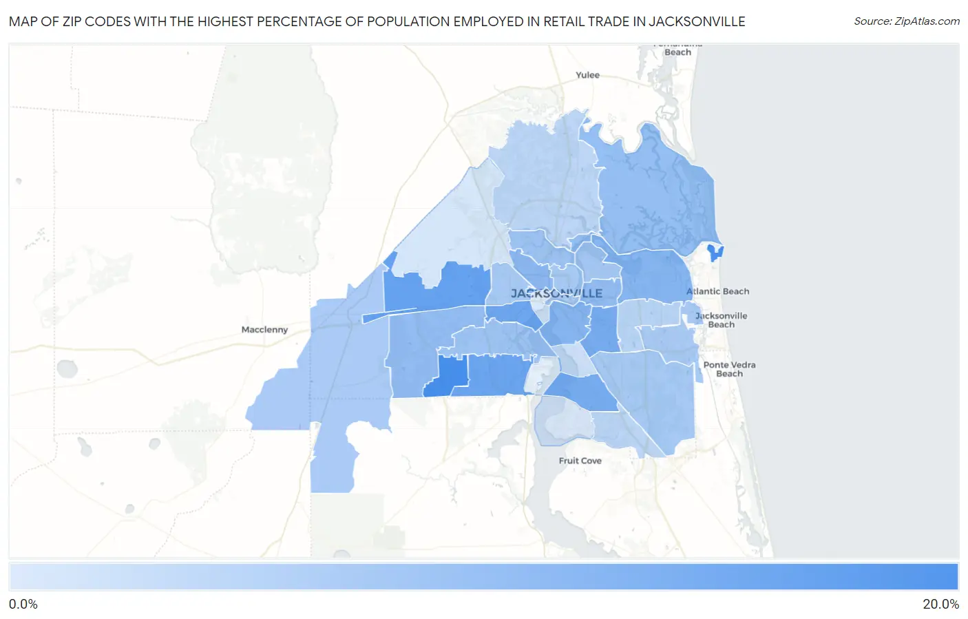 Zip Codes with the Highest Percentage of Population Employed in Retail Trade in Jacksonville Map