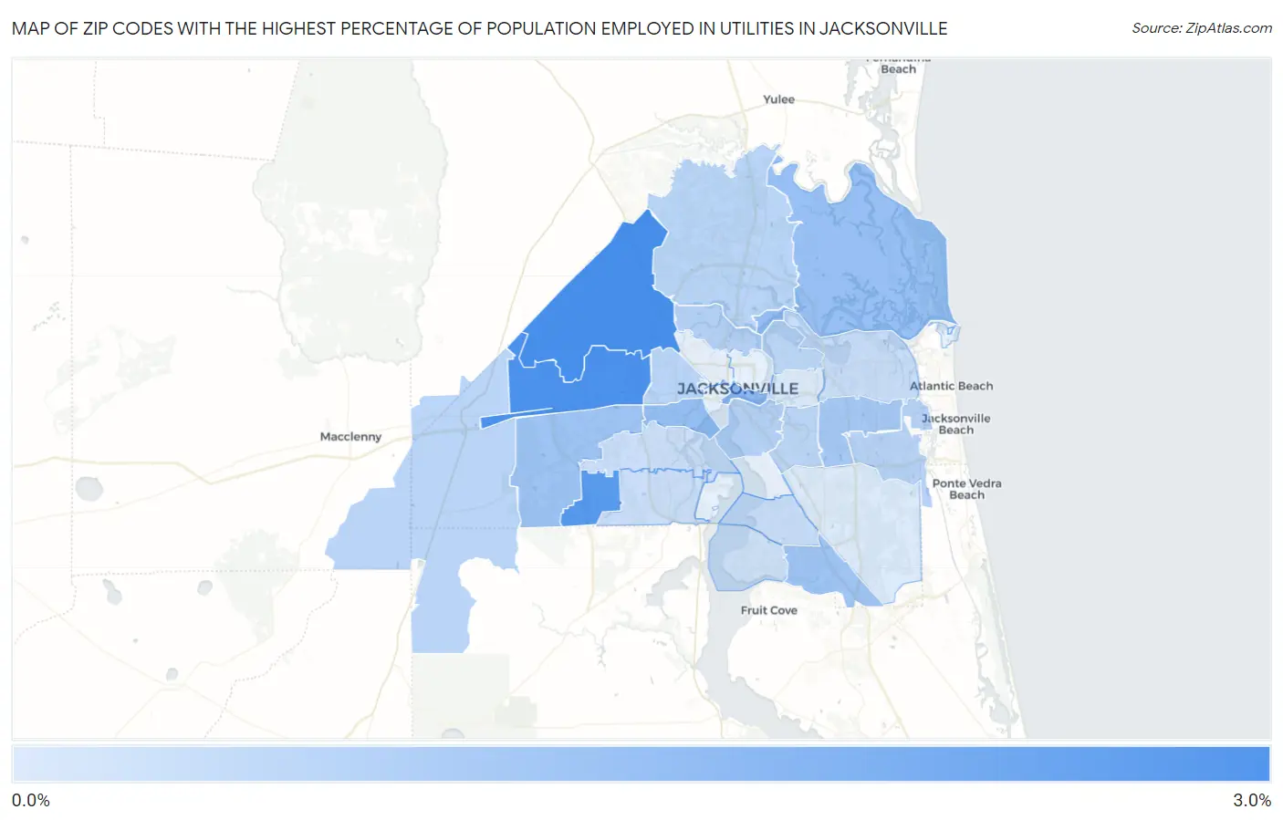 Zip Codes with the Highest Percentage of Population Employed in Utilities in Jacksonville Map