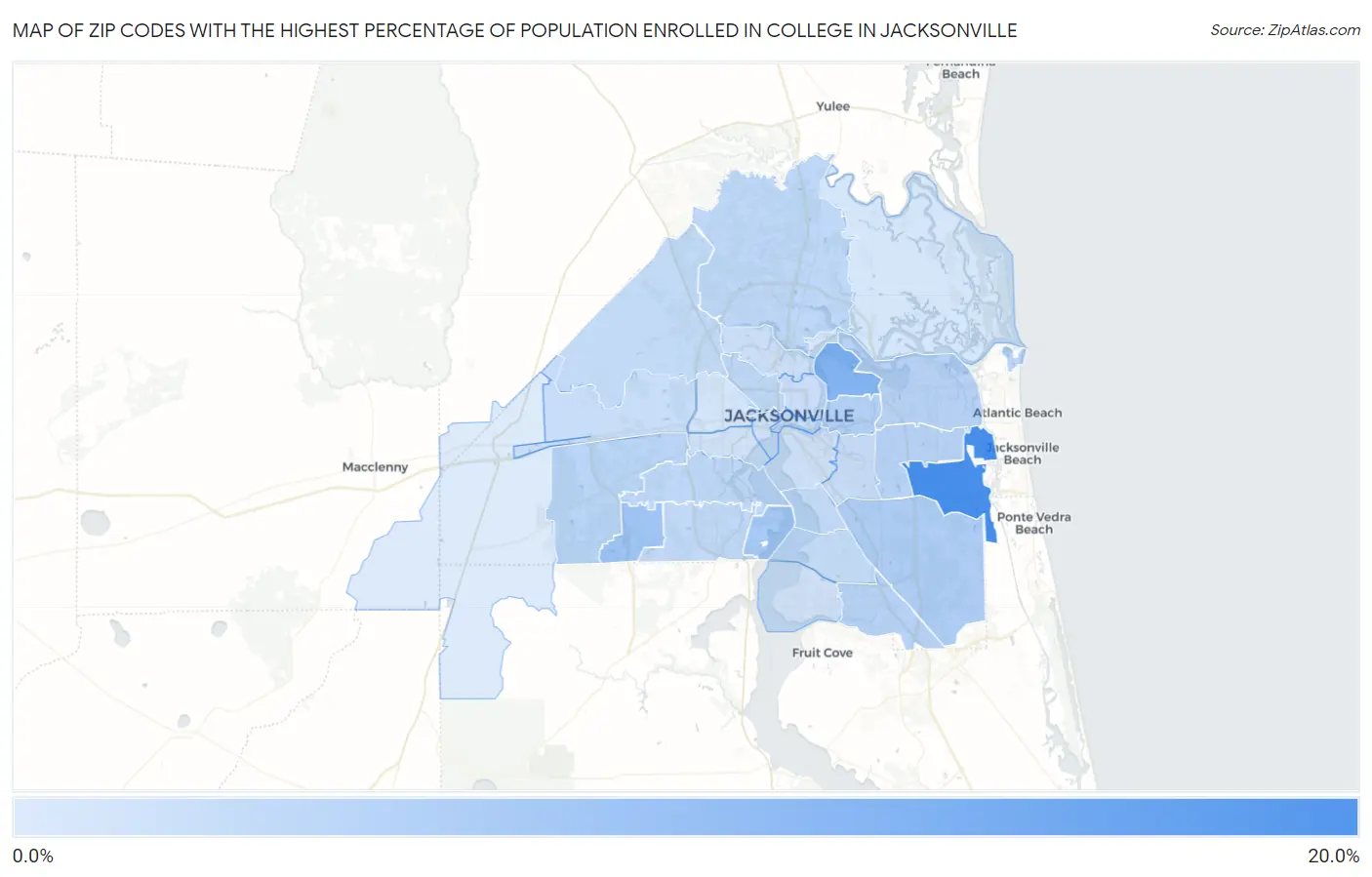 Zip Codes with the Highest Percentage of Population Enrolled in College in Jacksonville Map