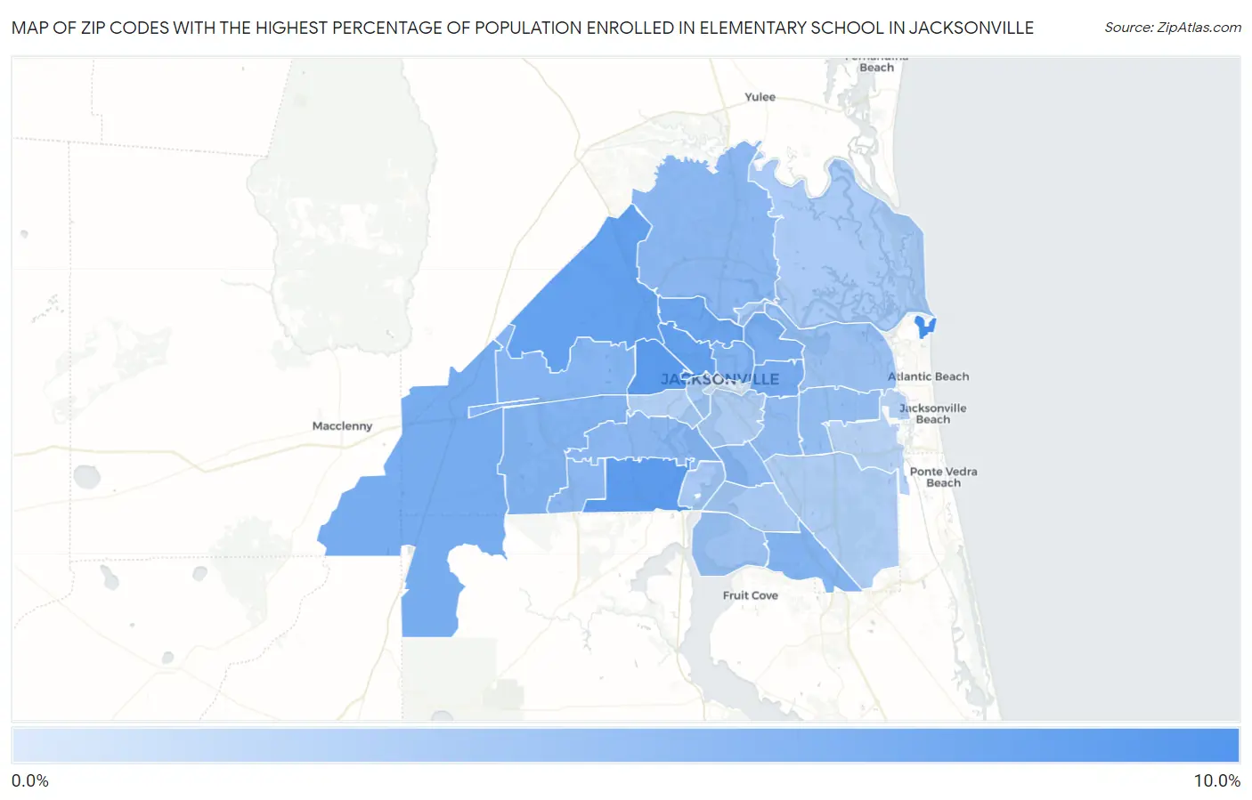 Zip Codes with the Highest Percentage of Population Enrolled in Elementary School in Jacksonville Map