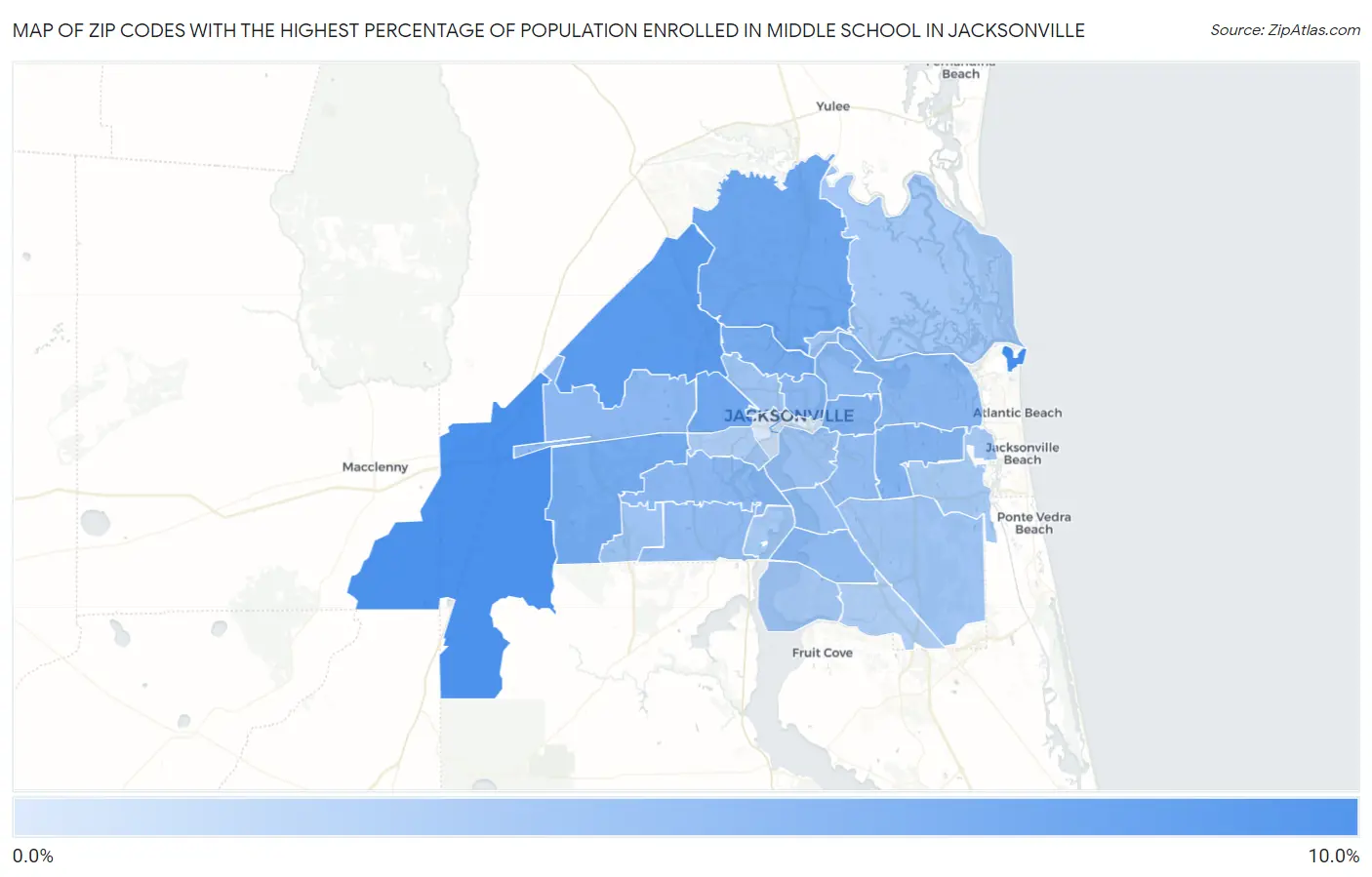 Zip Codes with the Highest Percentage of Population Enrolled in Middle School in Jacksonville Map